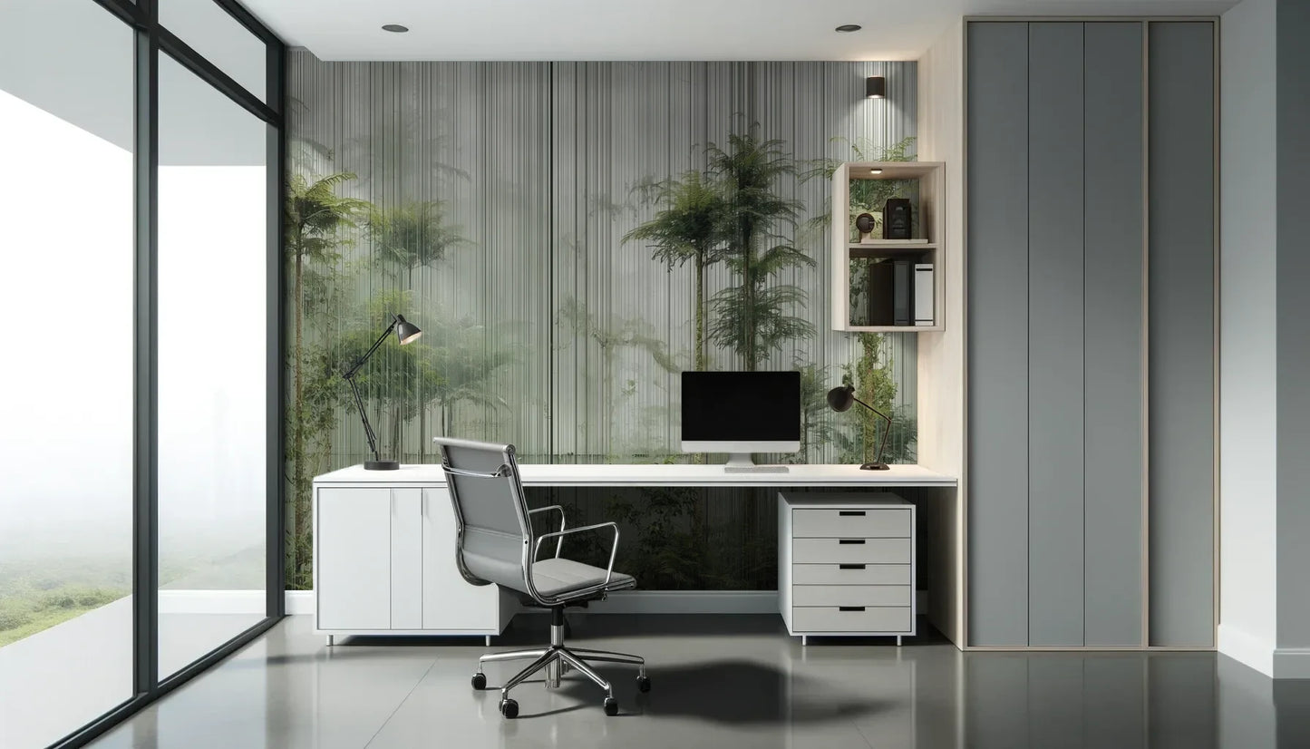 Fototapeta VERTICAL RAINFOREST - tapeta z tropikalnym lasem w pionowych liniach pokazana w aranżacji biura.