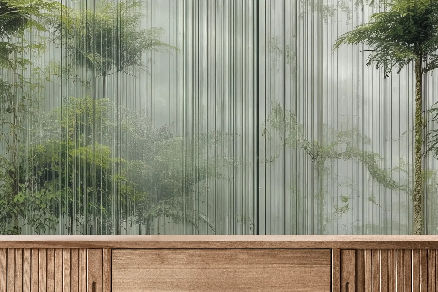 Fototapeta VERTICAL RAINFOREST - tapeta z tropikalnym lasem w pionowych liniach pokazana w aranżacji wnętrza z akcentem na ścianie.