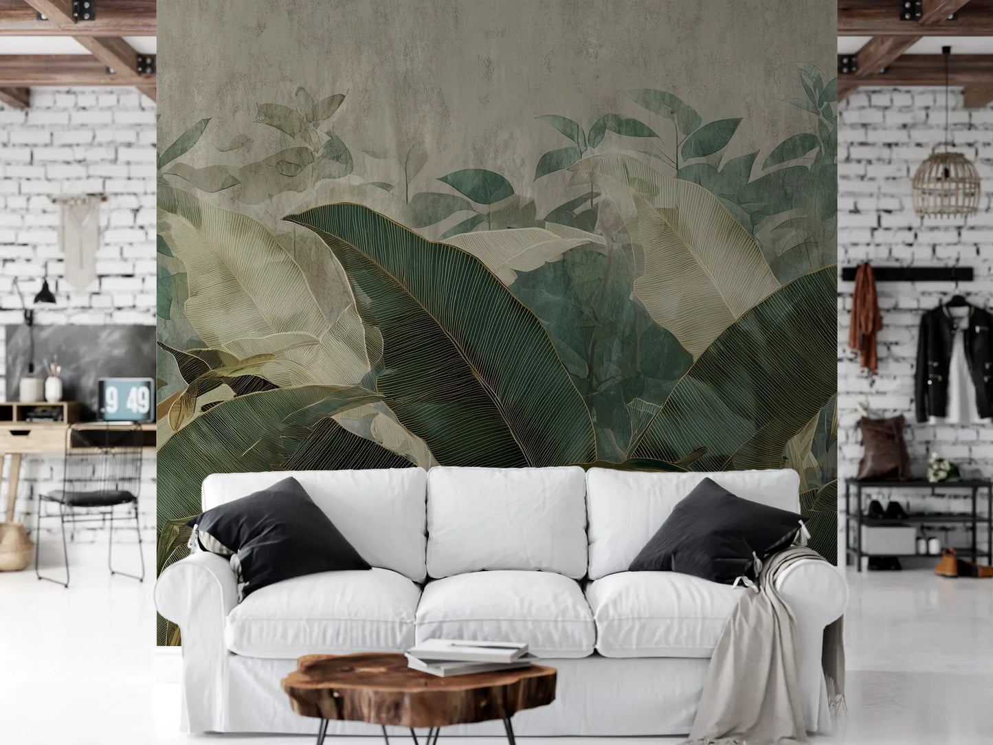 Wzór fototapety TROPICAL ESSENCE - tapeta z egzotycznymi liśćmi bananowca pokazanej w aranżacji salonu.