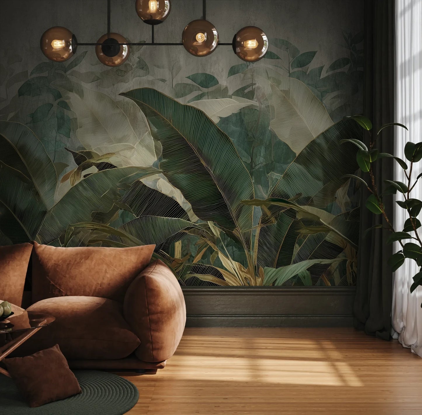 Fototapeta TROPICAL ESSENCE - tapeta z egzotycznymi liśćmi bananowca pokazana w aranżacji wnętrza z akcentem na ścianie.