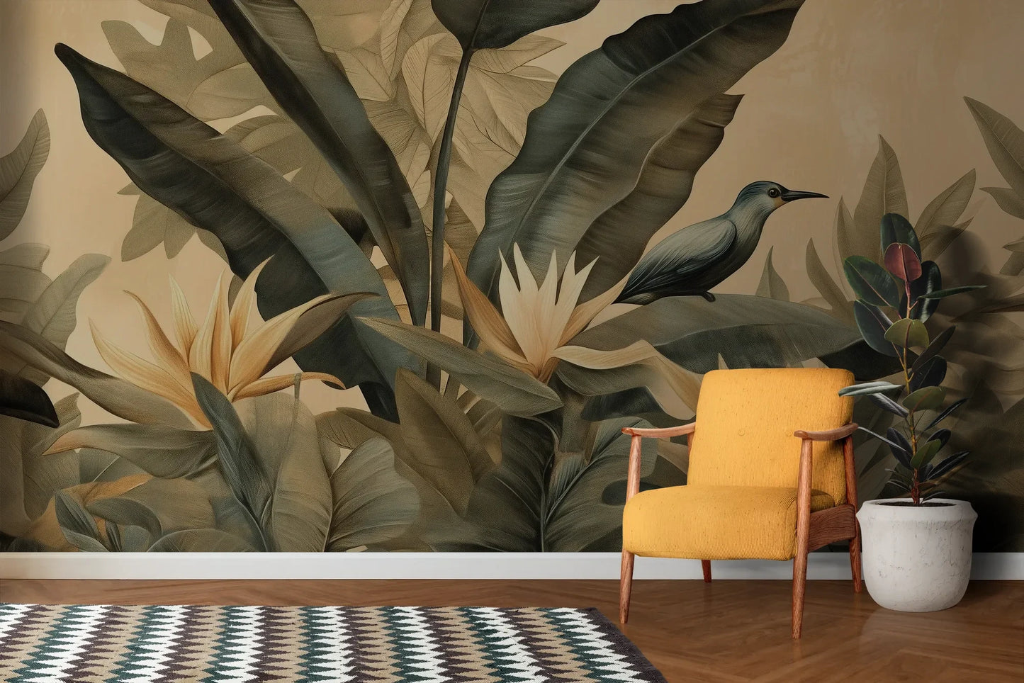 Wzór fototapety TROPIC MELODY - tapeta z rajskimi ptakami i kwiatami pokazanej w aranżacji salonu.