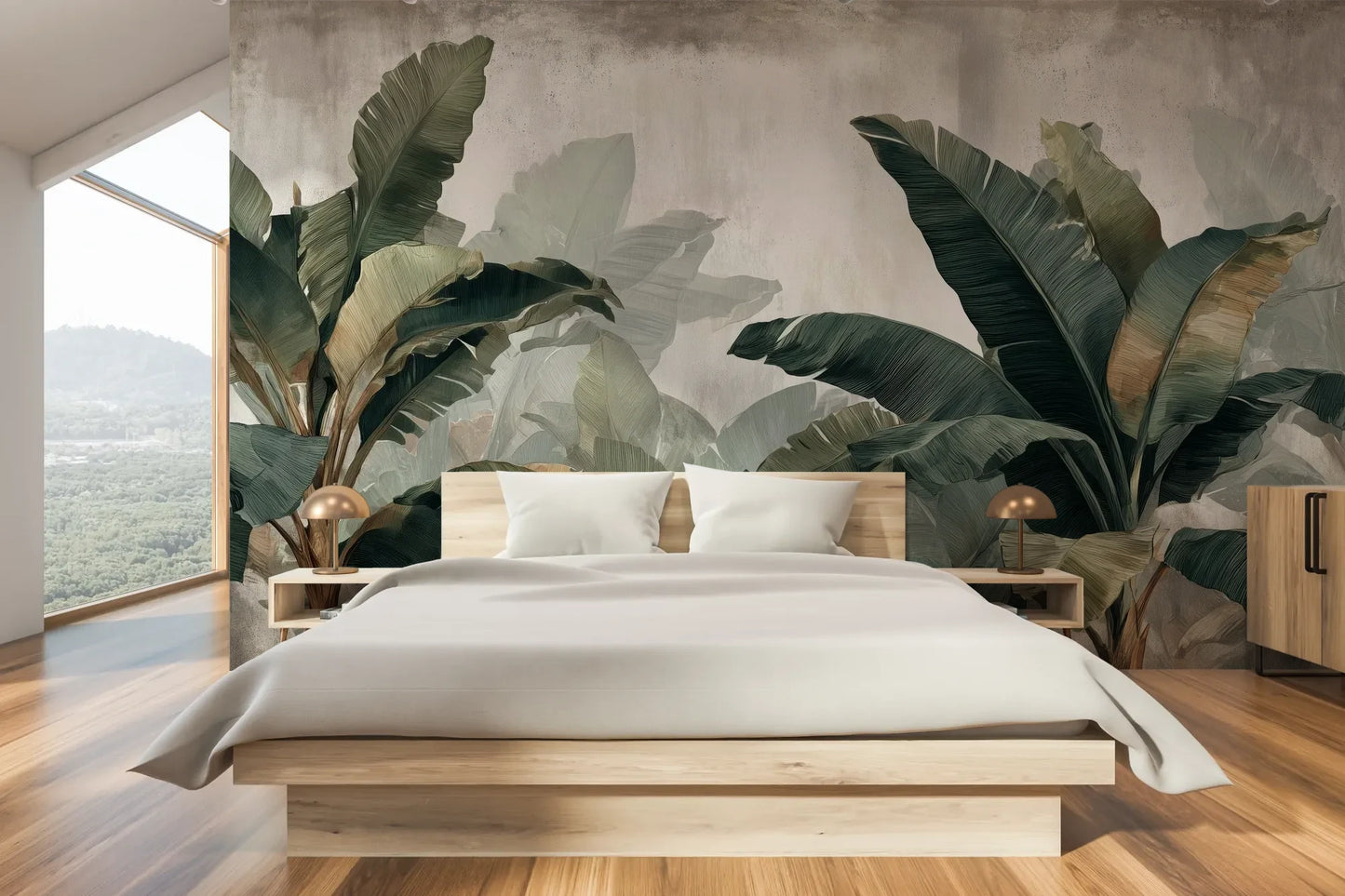 Wzór fototapety TROPICAL SHADOWS - tapeta z tropikalnymi liśćmi bananowca w artystycznym stylu pokazanej w aranżacji sypialni.