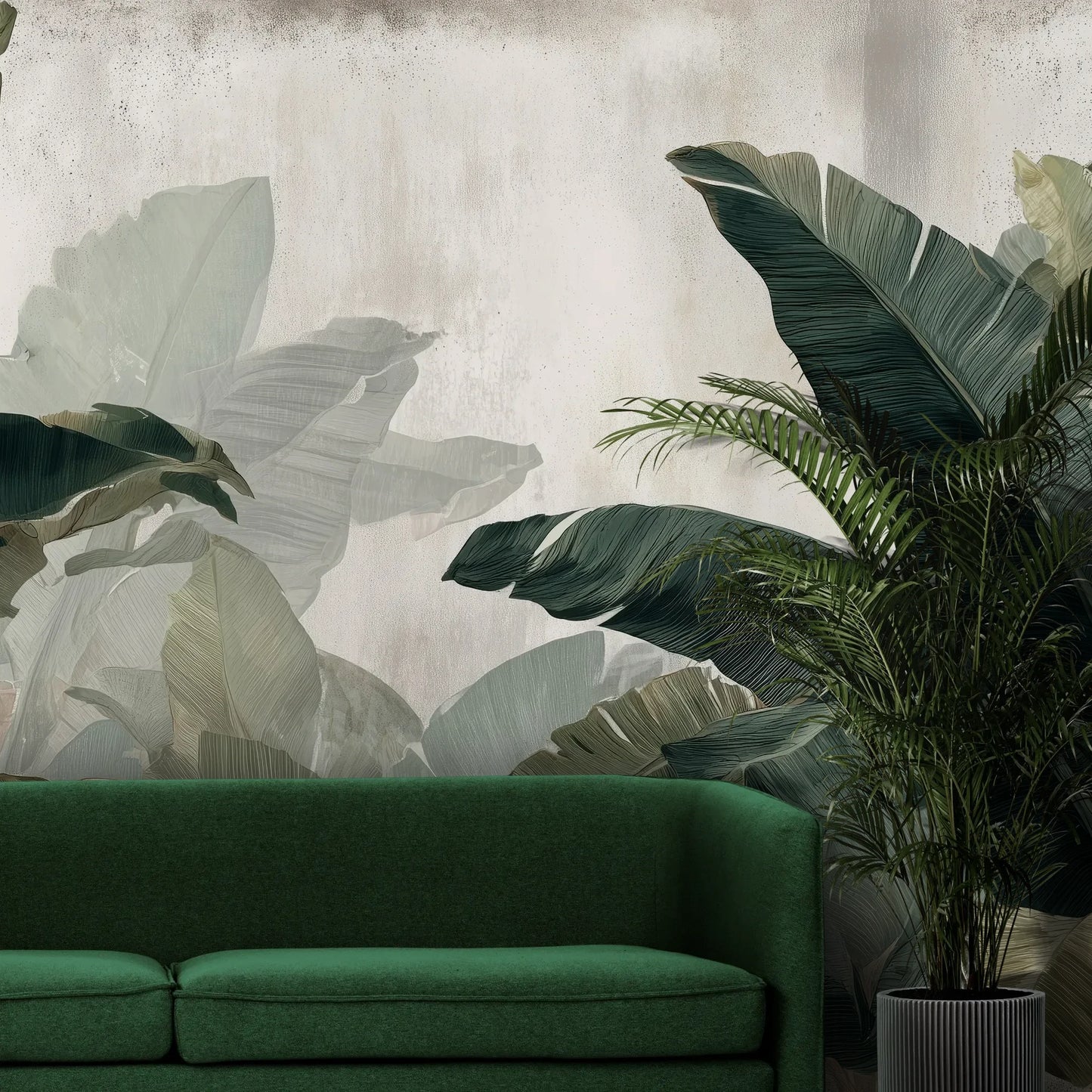 Fototapeta TROPICAL SHADOWS - tapeta z tropikalnymi liśćmi bananowca w artystycznym stylu pokazana w aranżacji wnętrza z akcentem na ścianie.