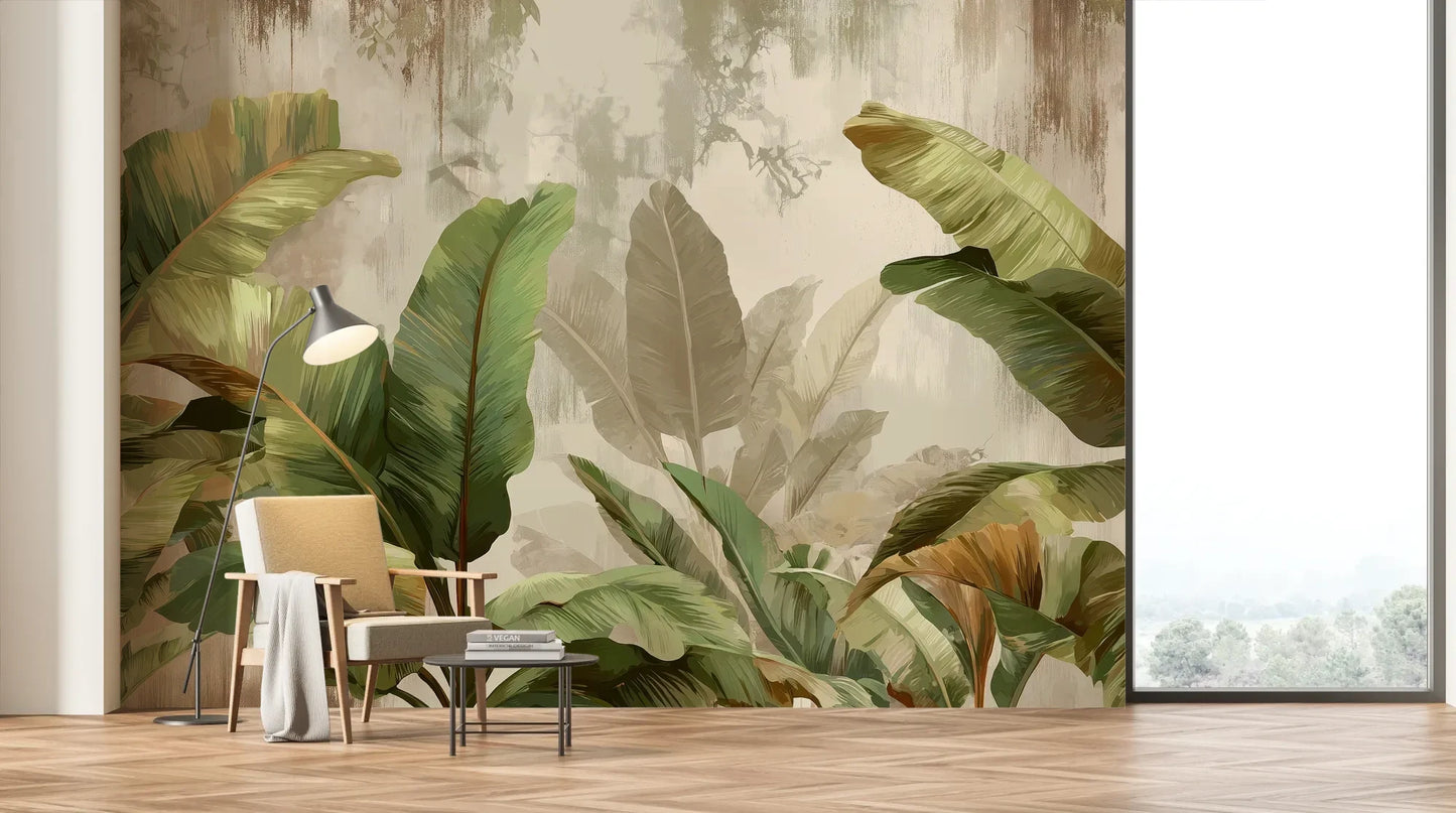 Wzór fototapety TROPICAL ELEGANCE - tapeta z motywem bananowych liści pokazanej w aranżacji salonu.