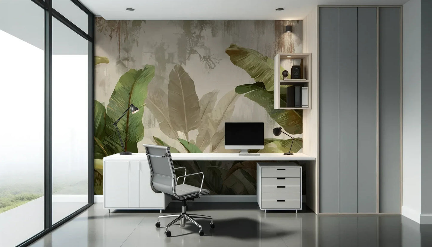 Fototapeta TROPICAL ELEGANCE - tapeta z motywem bananowych liści pokazana w aranżacji biura.