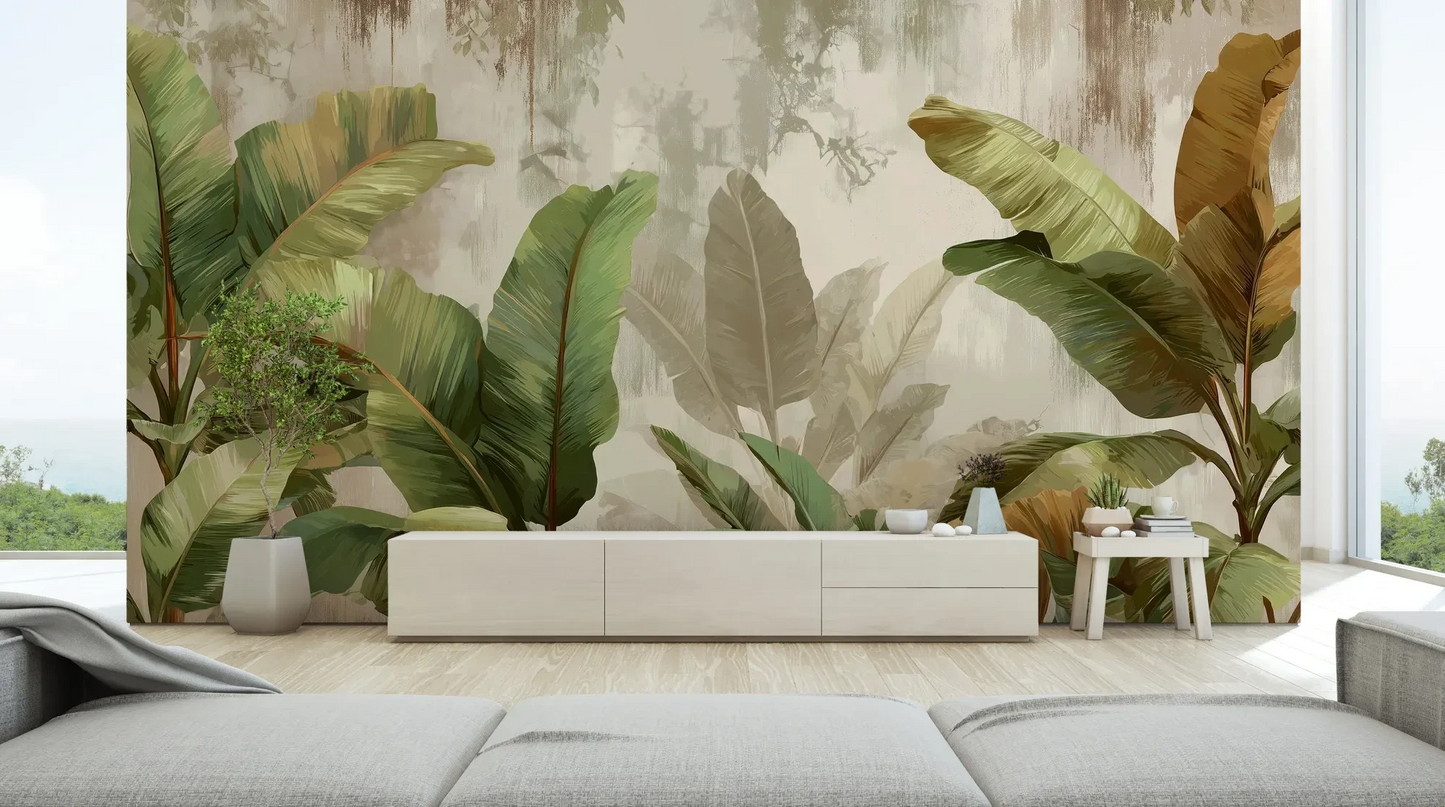 Wzór fototapety TROPICAL ELEGANCE - tapeta z motywem bananowych liści pokazanej w aranżacji salonu.