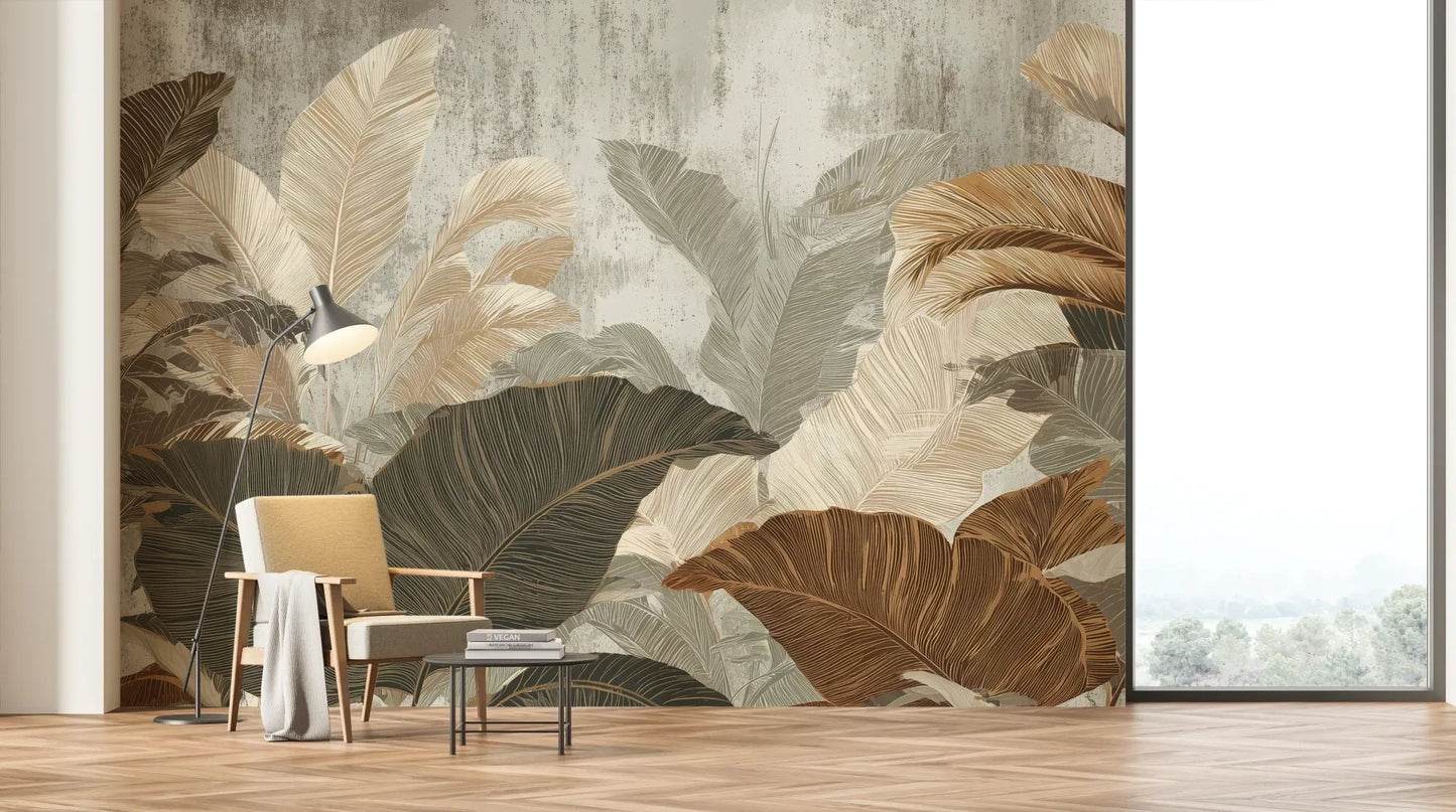 Wzór fototapety LEAFY SONATA - tapeta z liśćmi palmowymi w artystycznej aranżacji pokazanej w aranżacji salonu.