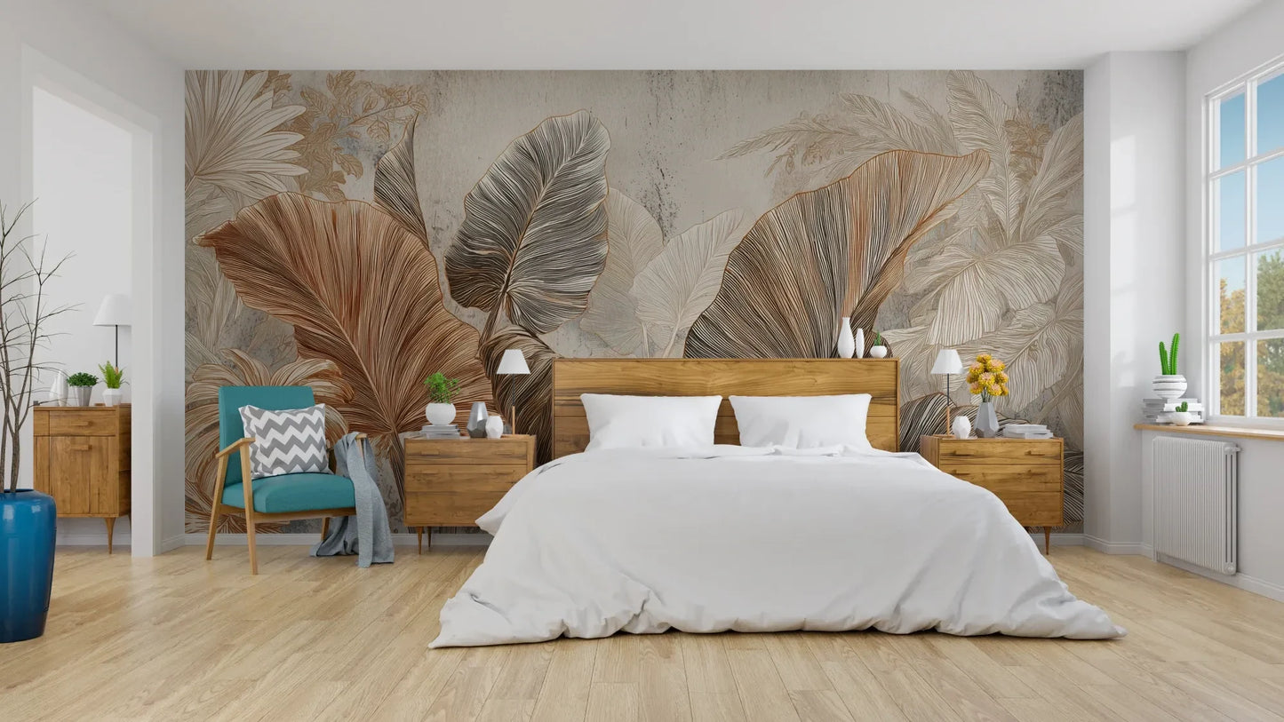 Wzór fototapety DESERT PALMS - tapeta z egzotycznymi liśćmi w ciepłych beżach pokazanej w aranżacji sypialni.