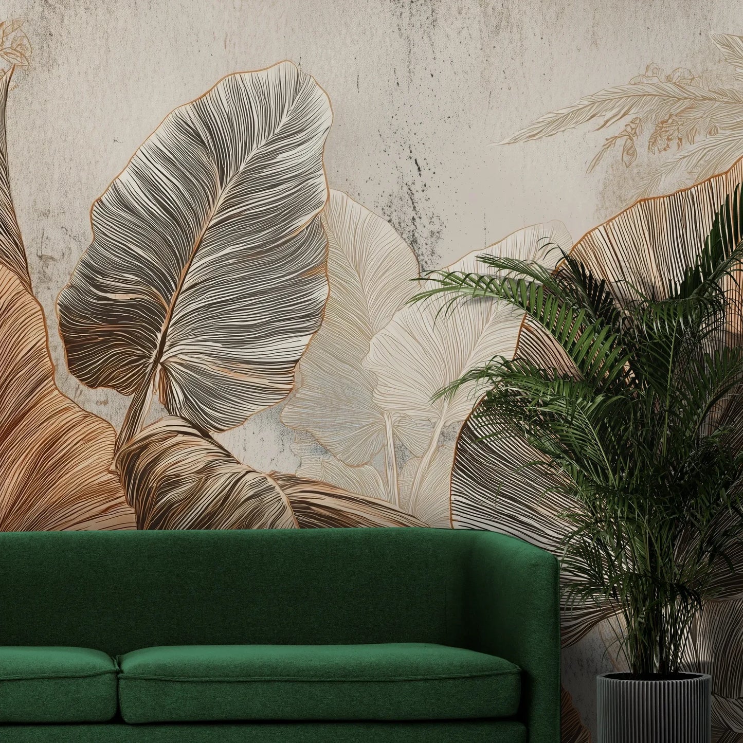 Fototapeta DESERT PALMS - tapeta z egzotycznymi liśćmi w ciepłych beżach pokazana w aranżacji wnętrza z akcentem na ścianie.