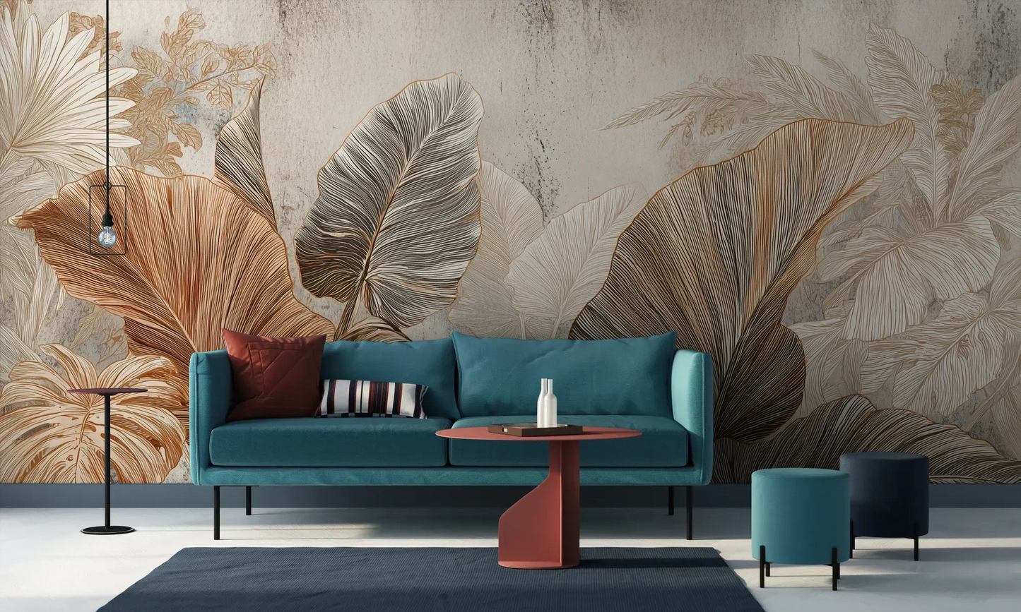 Wzór fototapety DESERT PALMS - tapeta z egzotycznymi liśćmi w ciepłych beżach pokazanej w aranżacji salonu.