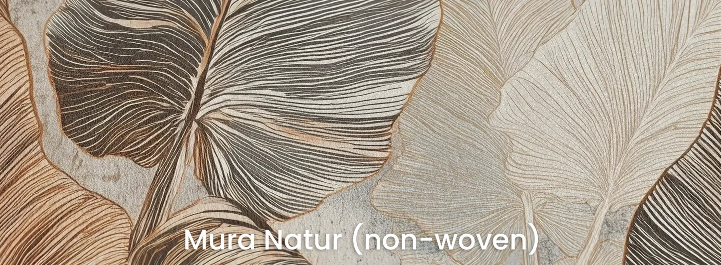 Zbliżenie na fototapetę DESERT PALMS - tapeta z egzotycznymi liśćmi w ciepłych beżach na naturalnym podłożu ekologicznym.
