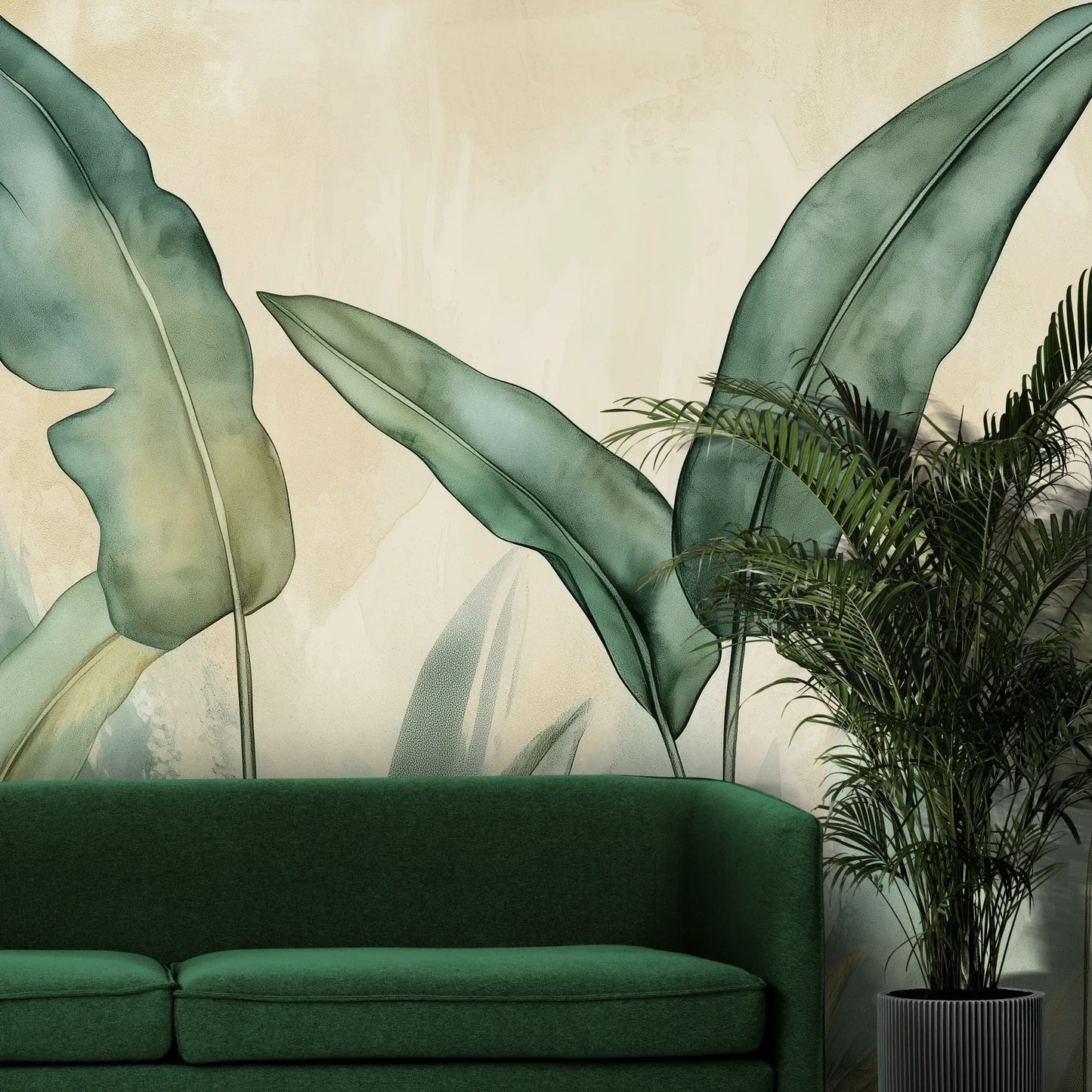 Fototapeta VERDANT DREAMS - tapeta z tropikalnymi liśćmi w spokojnych zieleniach pokazana w aranżacji wnętrza z akcentem na ścianie.