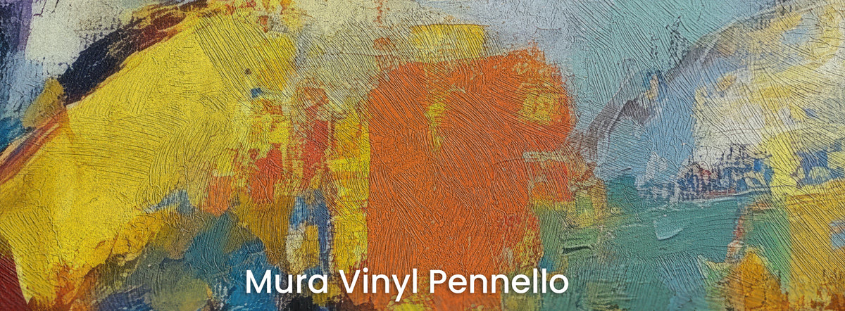 CARNIVAL GALLOP auf dem Trägermaterial Mura Vinyl Pennello – Gelb und Orange auf der Struktur der Pinselstriche