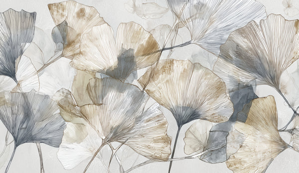 HERBARIUM - tapeta z liśćmi miłorzębu w beżu i szarości