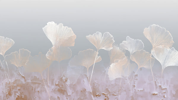 LILAC STUCCO - liliowa tapeta z liśćmi miłorzębu do sypialni