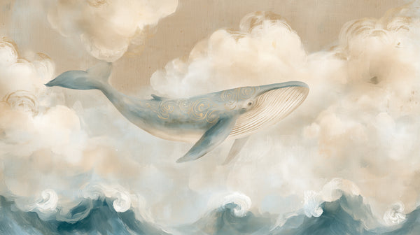 LINEN WHALE - beżowa tapeta z wielorybem i chmurami do sypialni
