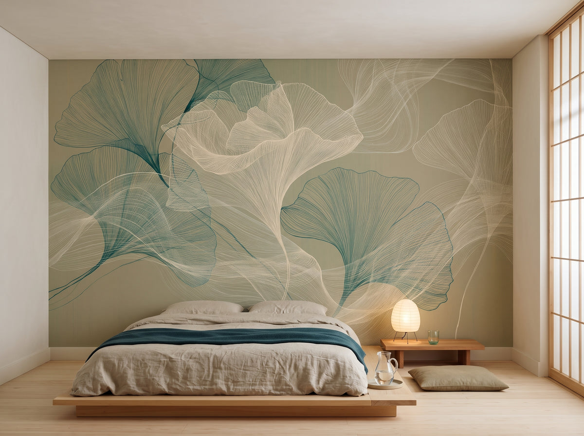 TEAL LINEN - tapeta z liniowym rysunkiem miłorzębu do sypialni