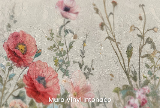 Zbliżenie na artystyczną fototapetę o nazwie VividField na podłożu Mura Vinyl Intonaco - struktura tartego tynku.