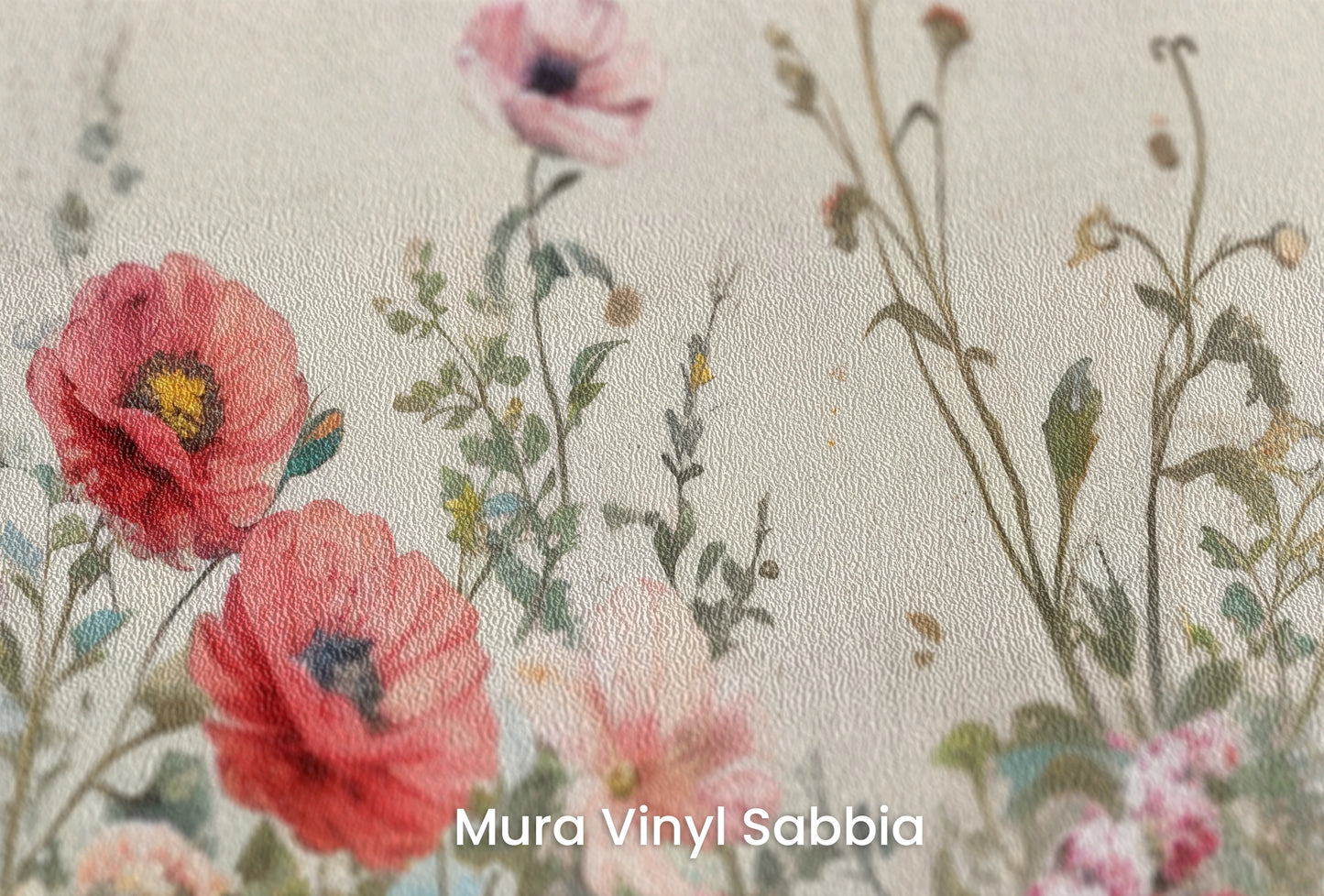 Zbliżenie na artystyczną fototapetę o nazwie VividField na podłożu Mura Vinyl Sabbia struktura grubego ziarna piasku.