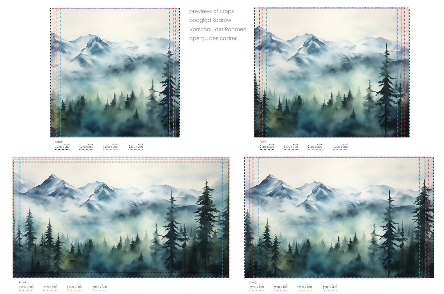Na obrazie znajduje się prezentacja przykładowych rozmiarów fototapety o nazwie Misty Pines. Rozmiar fototapety jest dowolny.