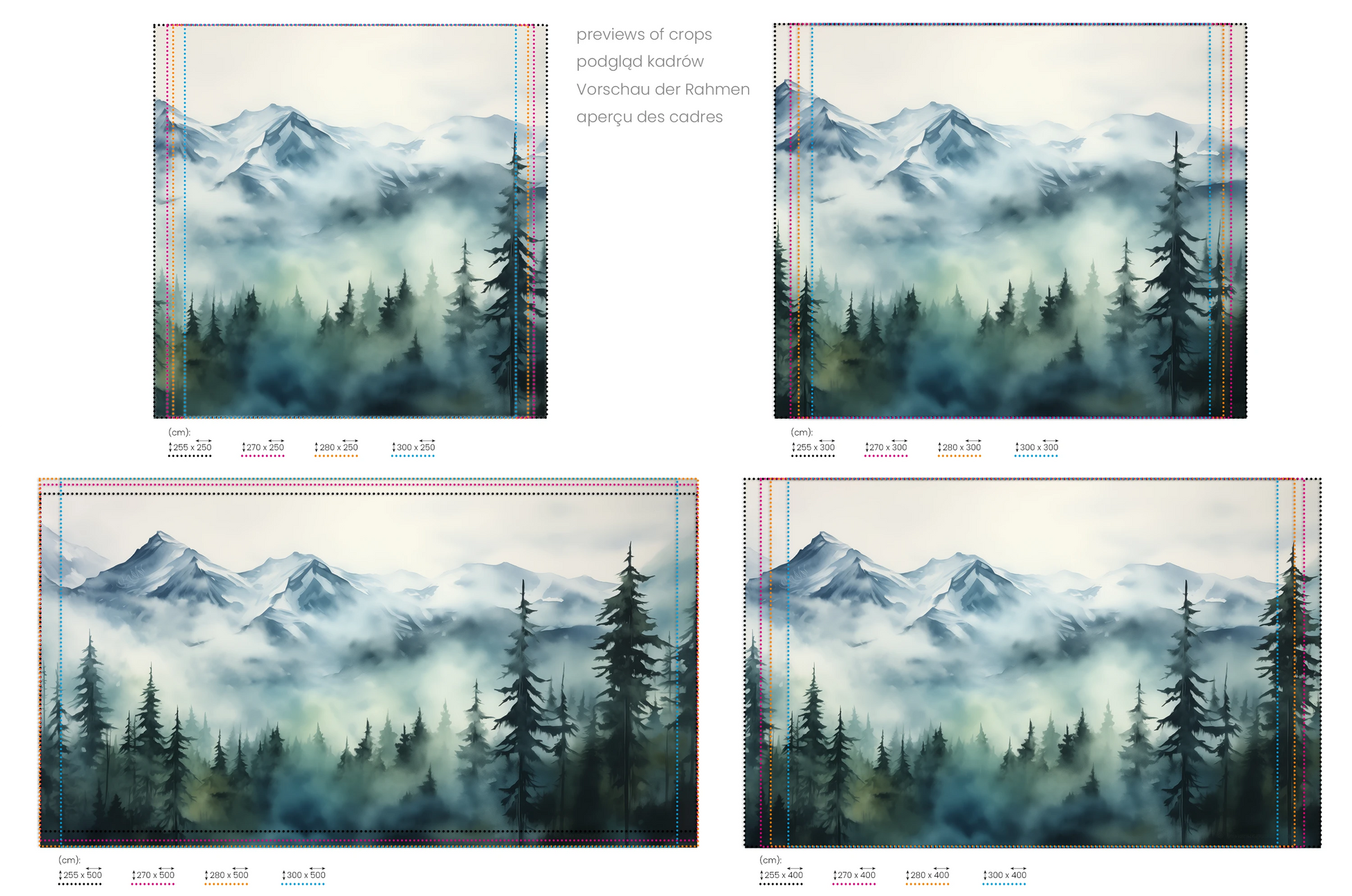 Na obrazie znajduje się prezentacja przykładowych rozmiarów fototapety o nazwie Misty Pines. Rozmiar fototapety jest dowolny.