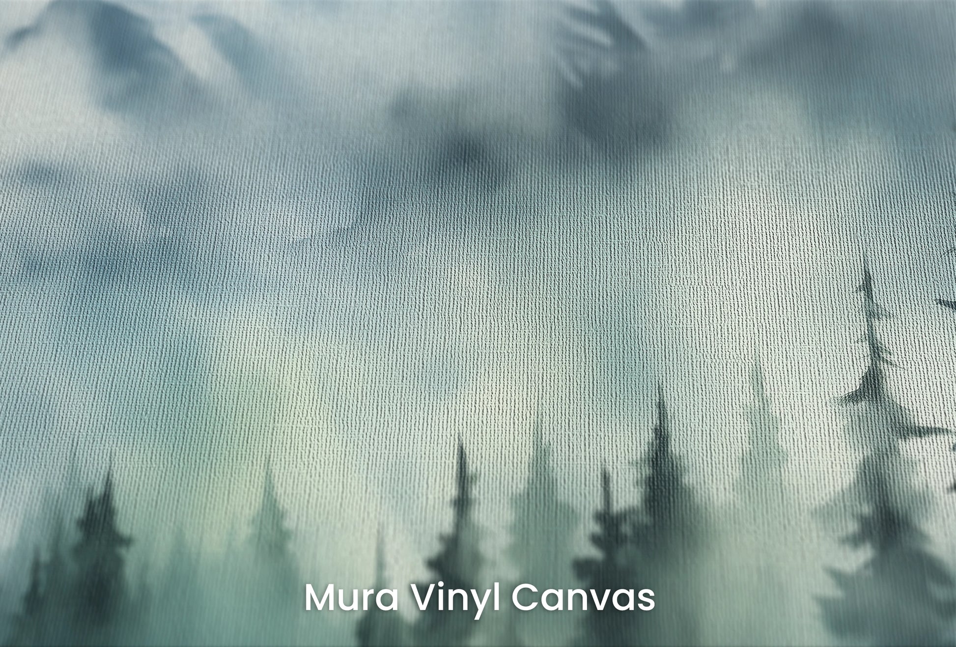Zbliżenie na artystyczną fototapetę o nazwie Misty Pines na podłożu Mura Vinyl Canvas - faktura naturalnego płótna.
