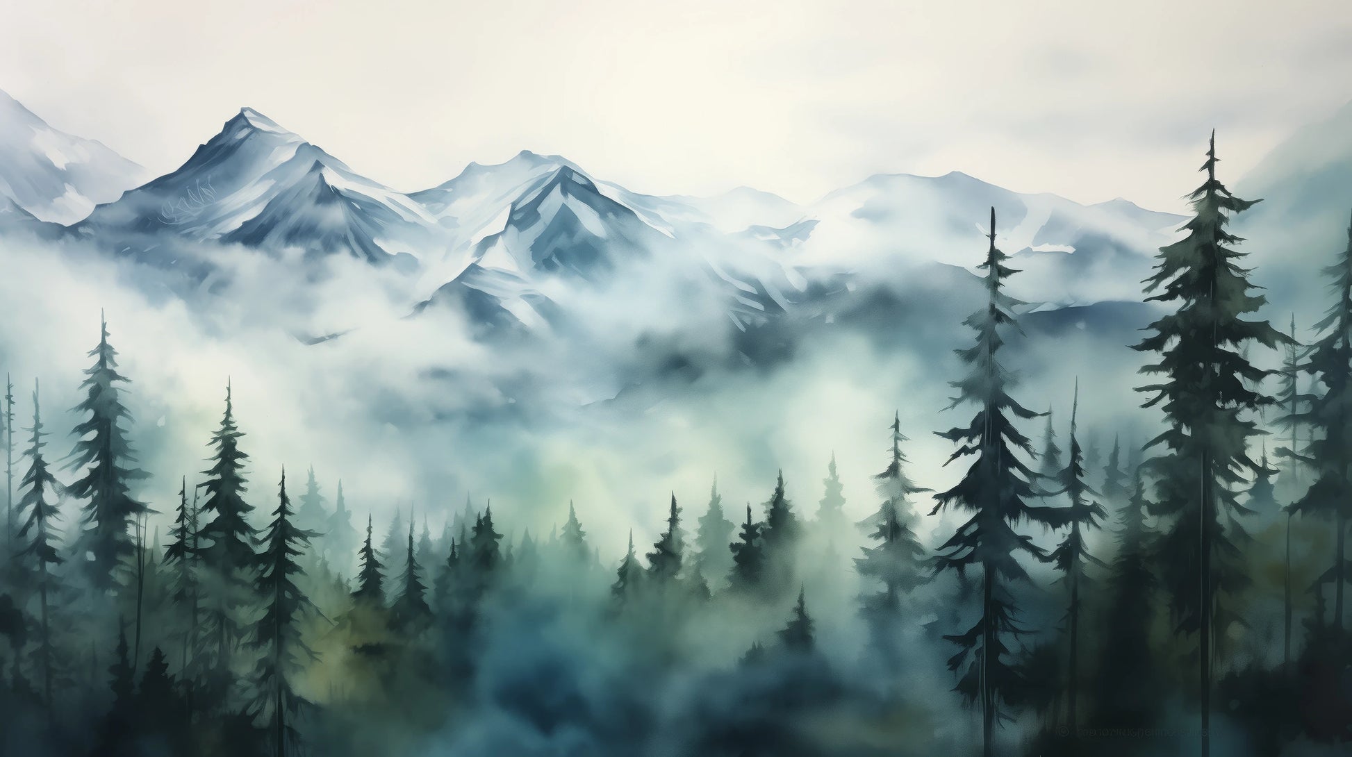 Prezentacja całego wzoru fototapety o nazwie Misty Pines