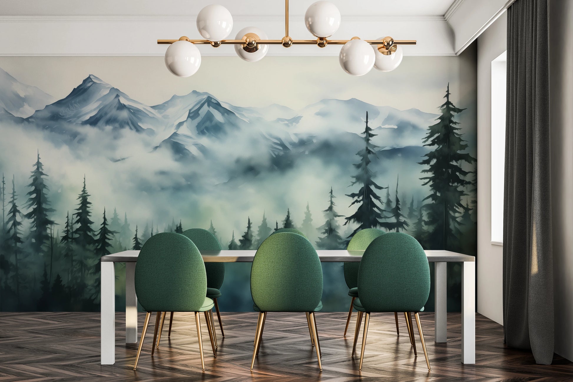 Fototapeta malowana o nazwie Misty Pines pokazana w aranżacji wnętrza.