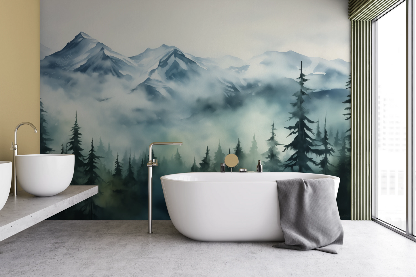 Fototapeta artystyczna o nazwie Misty Pines pokazana w aranżacji wnętrza.