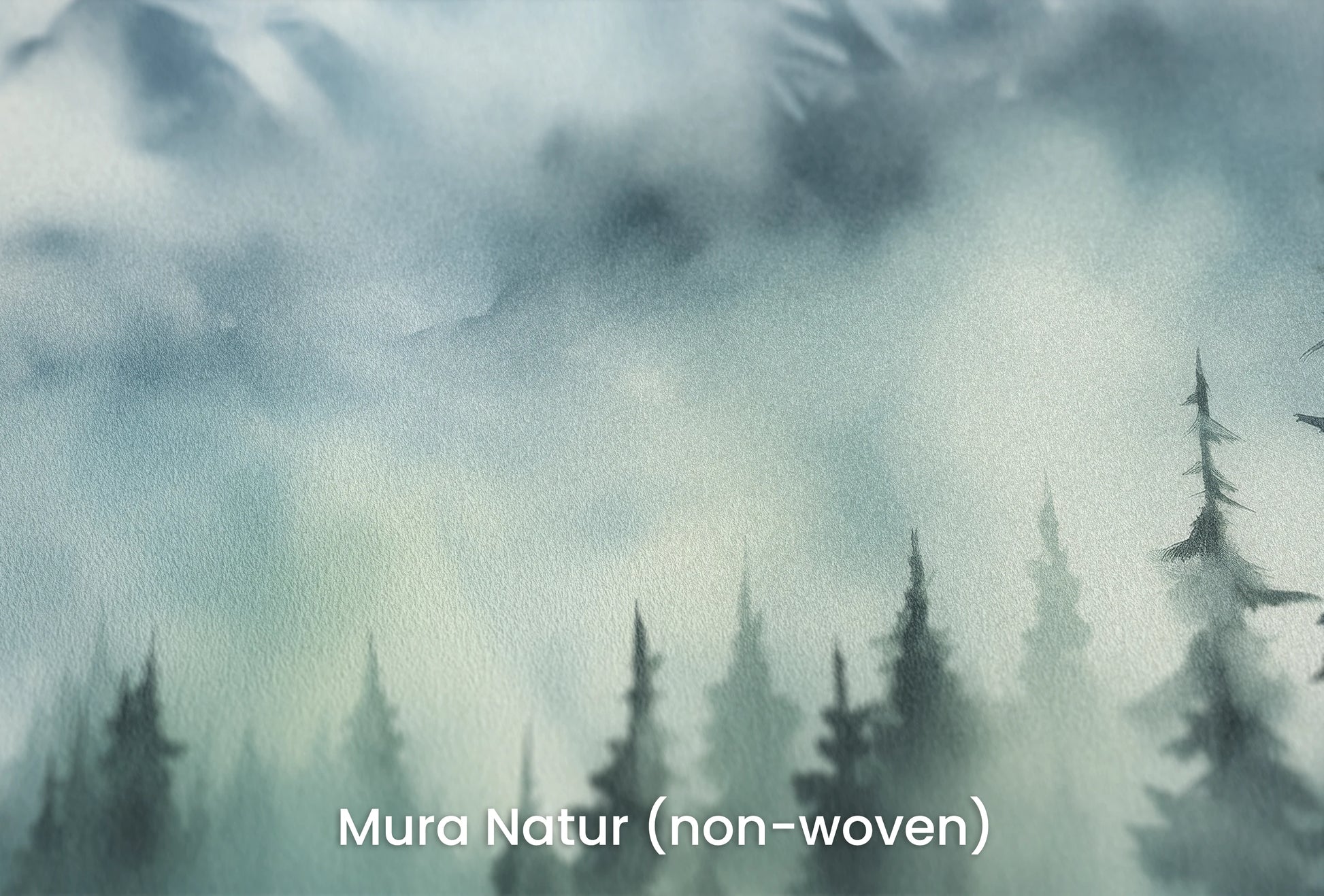 Zbliżenie na artystyczną fototapetę o nazwie Misty Pines na podłożu Mura Natur (non-woven) - naturalne i ekologiczne podłoże.