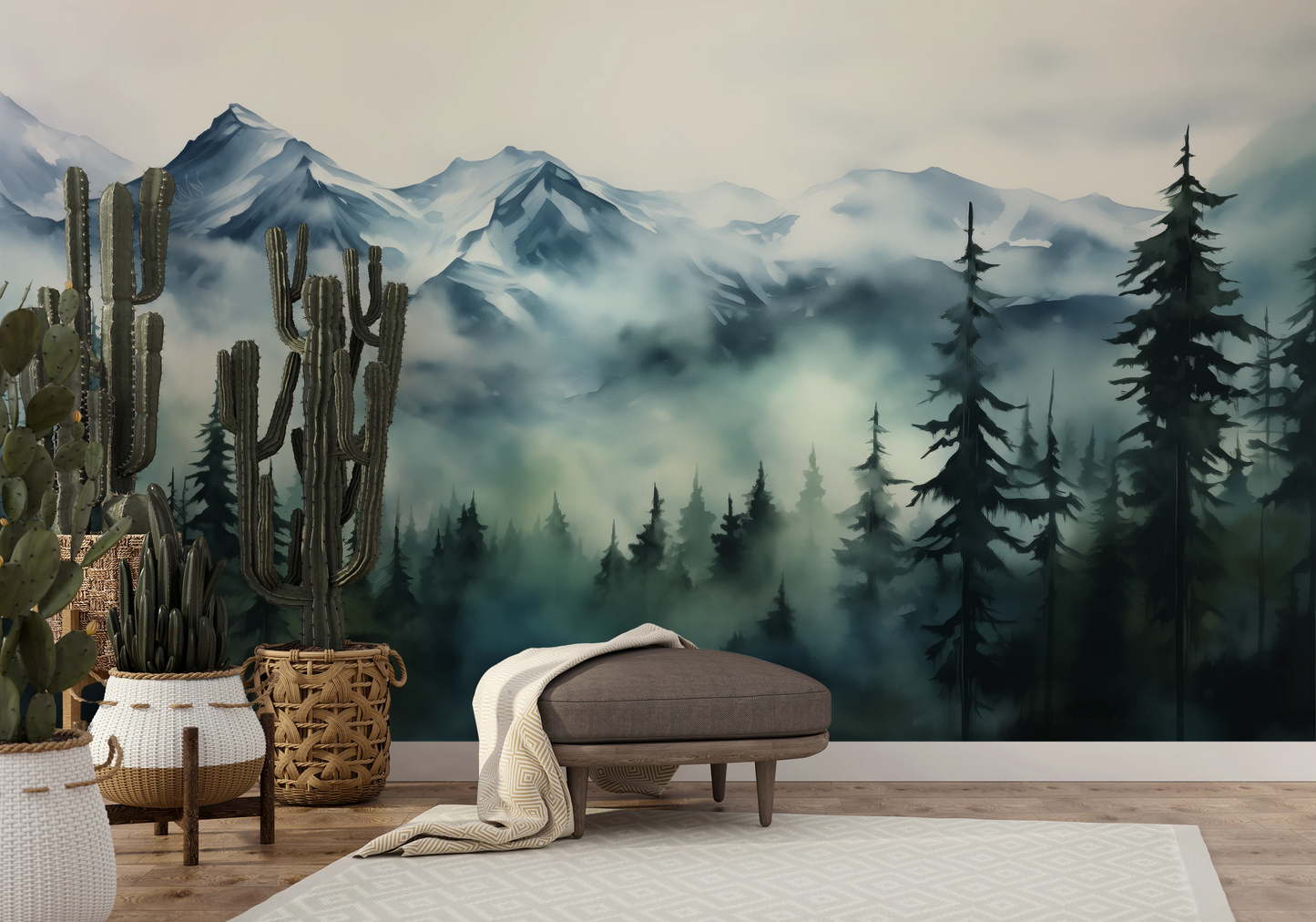 Zdjęcie prezentuje aranżację wnętrza z użyciem fototapety o nazwie Misty Pines pokazanej w aranżacji wnętrza.