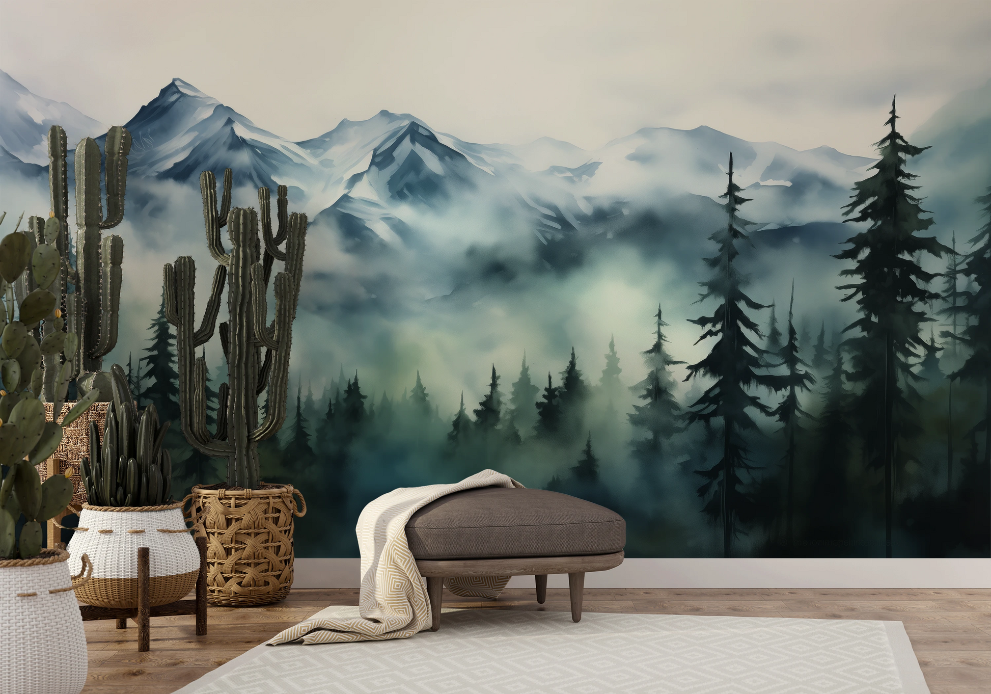 Zdjęcie prezentuje aranżację wnętrza z użyciem fototapety o nazwie Misty Pines pokazanej w aranżacji wnętrza.