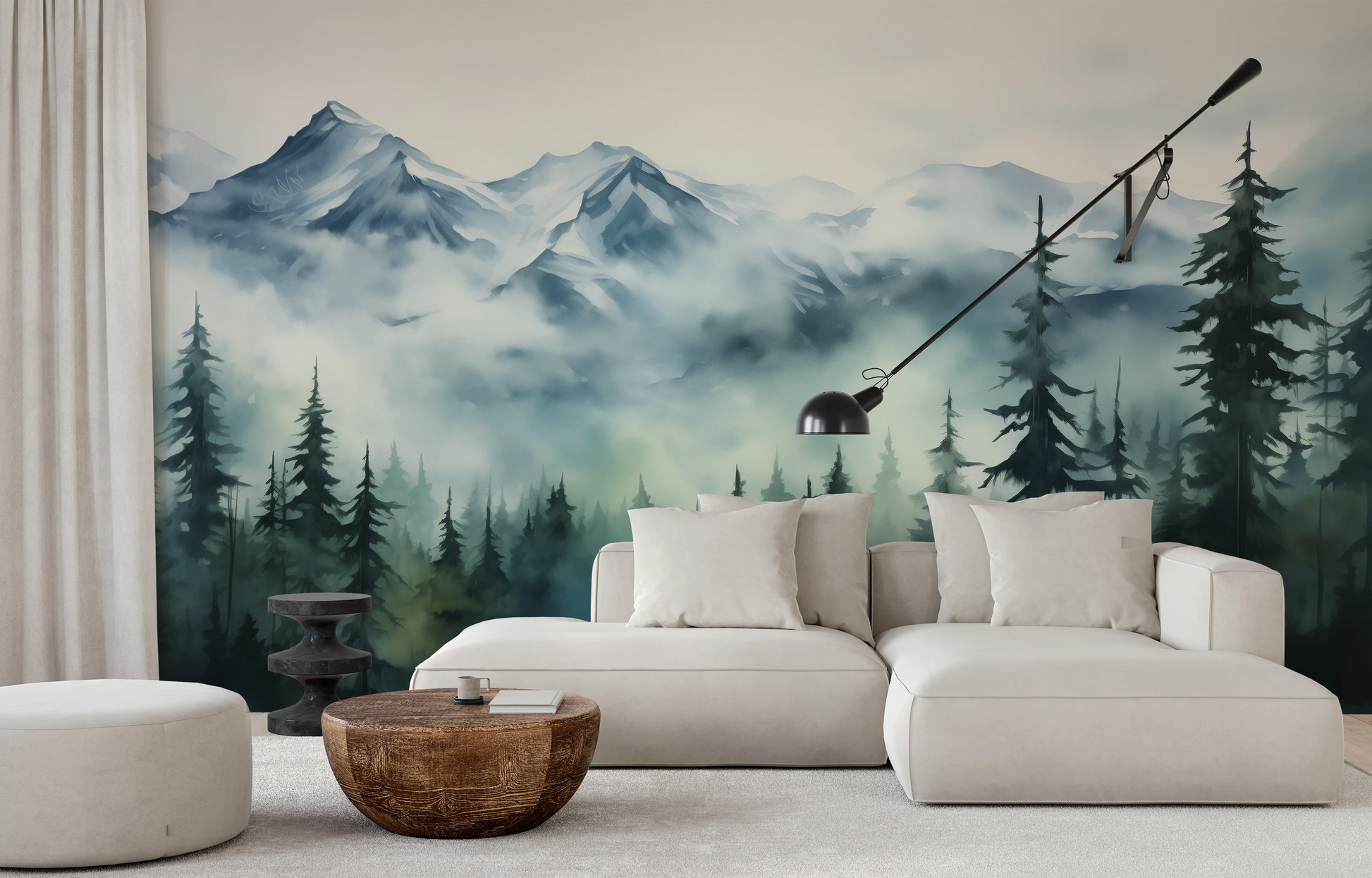 Wzór fototapety malowanej o nazwie Misty Pines pokazanej w aranżacji wnętrza.