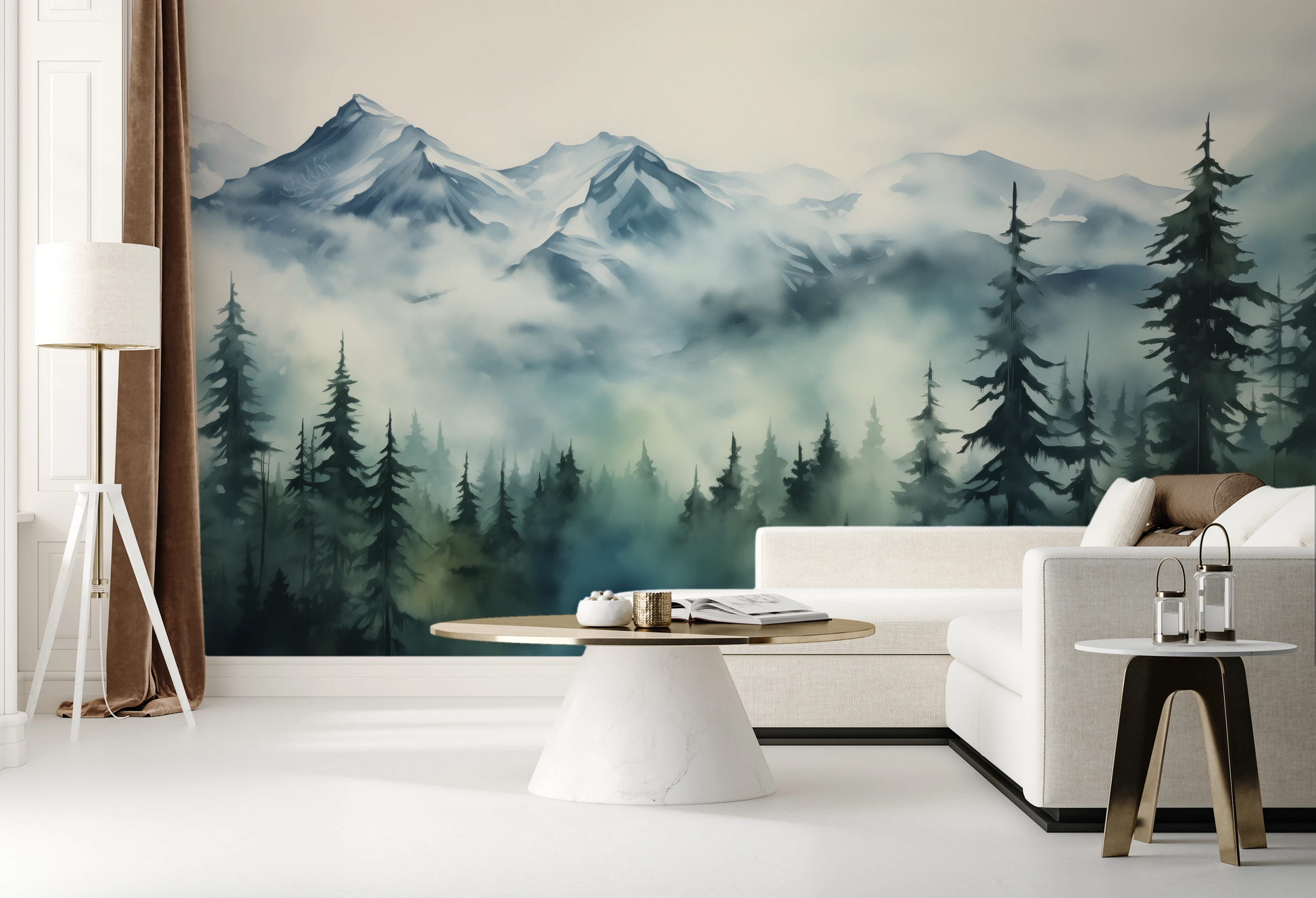 Wzór fototapety artystycznej o nazwie Misty Pines pokazanej w aranżacji wnętrza.