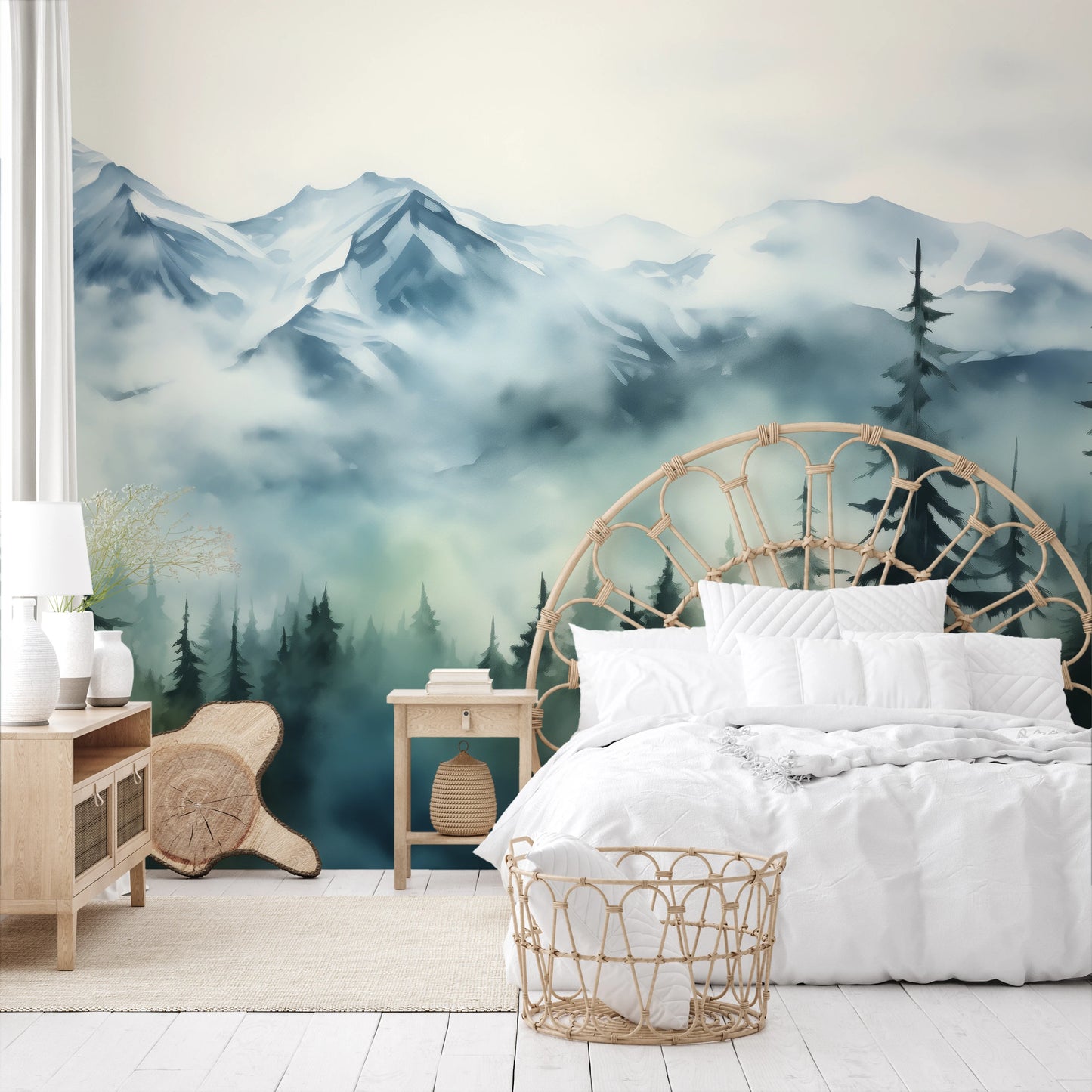 Wzór fototapety artystycznej o nazwie Misty Pines pokazanej w aranżacji wnętrza.