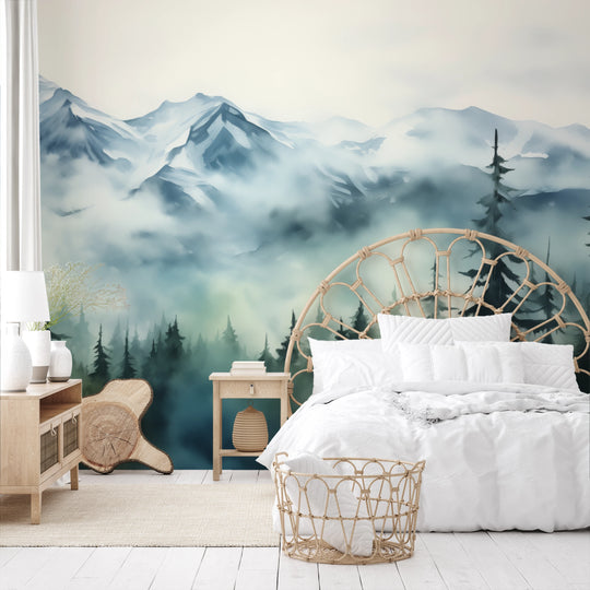 Wzór fototapety artystycznej o nazwie Misty Pines pokazanej w aranżacji wnętrza.