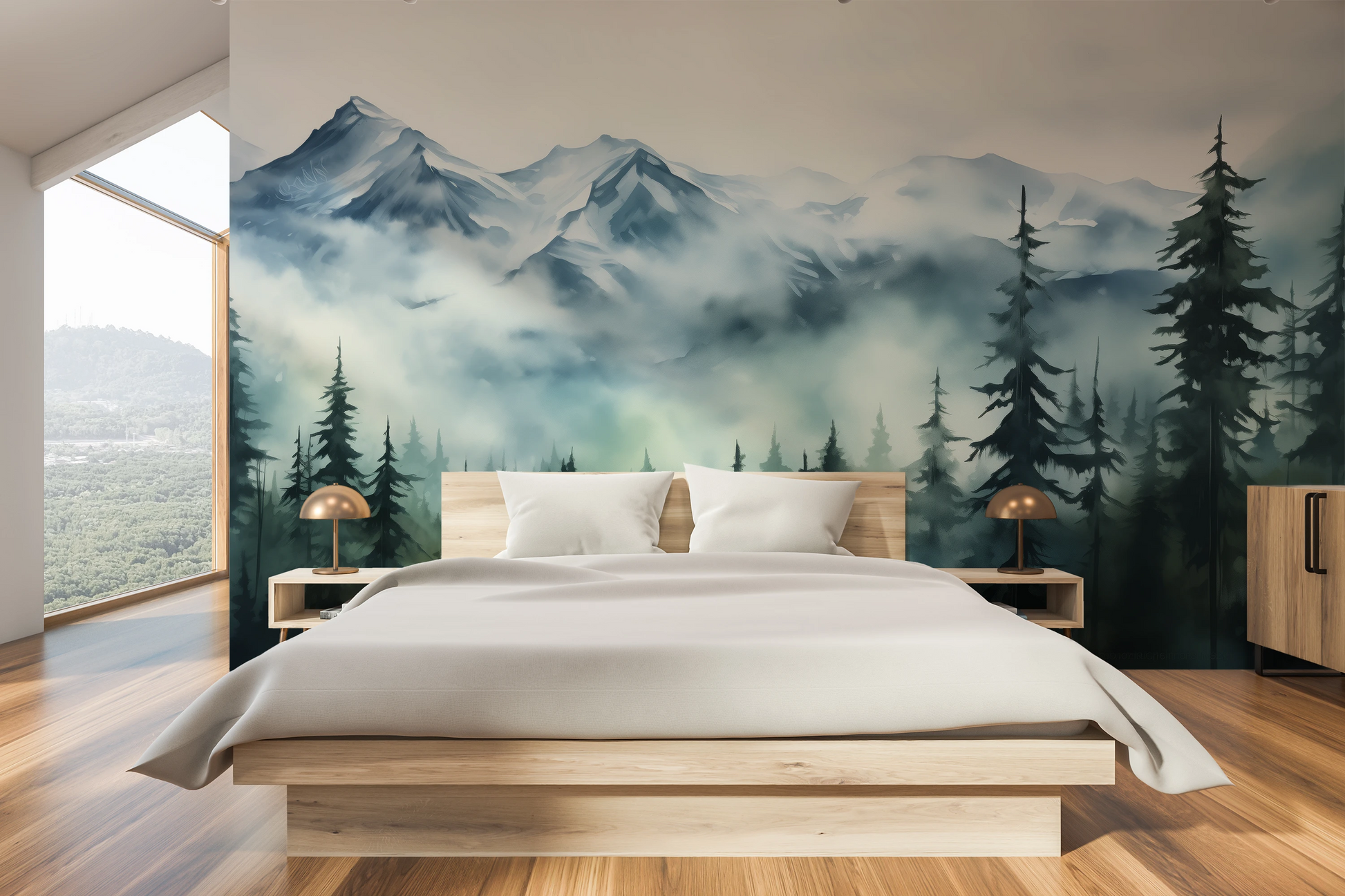Wzór fototapety o nazwie Misty Pines pokazanej w kontekście pomieszczenia.