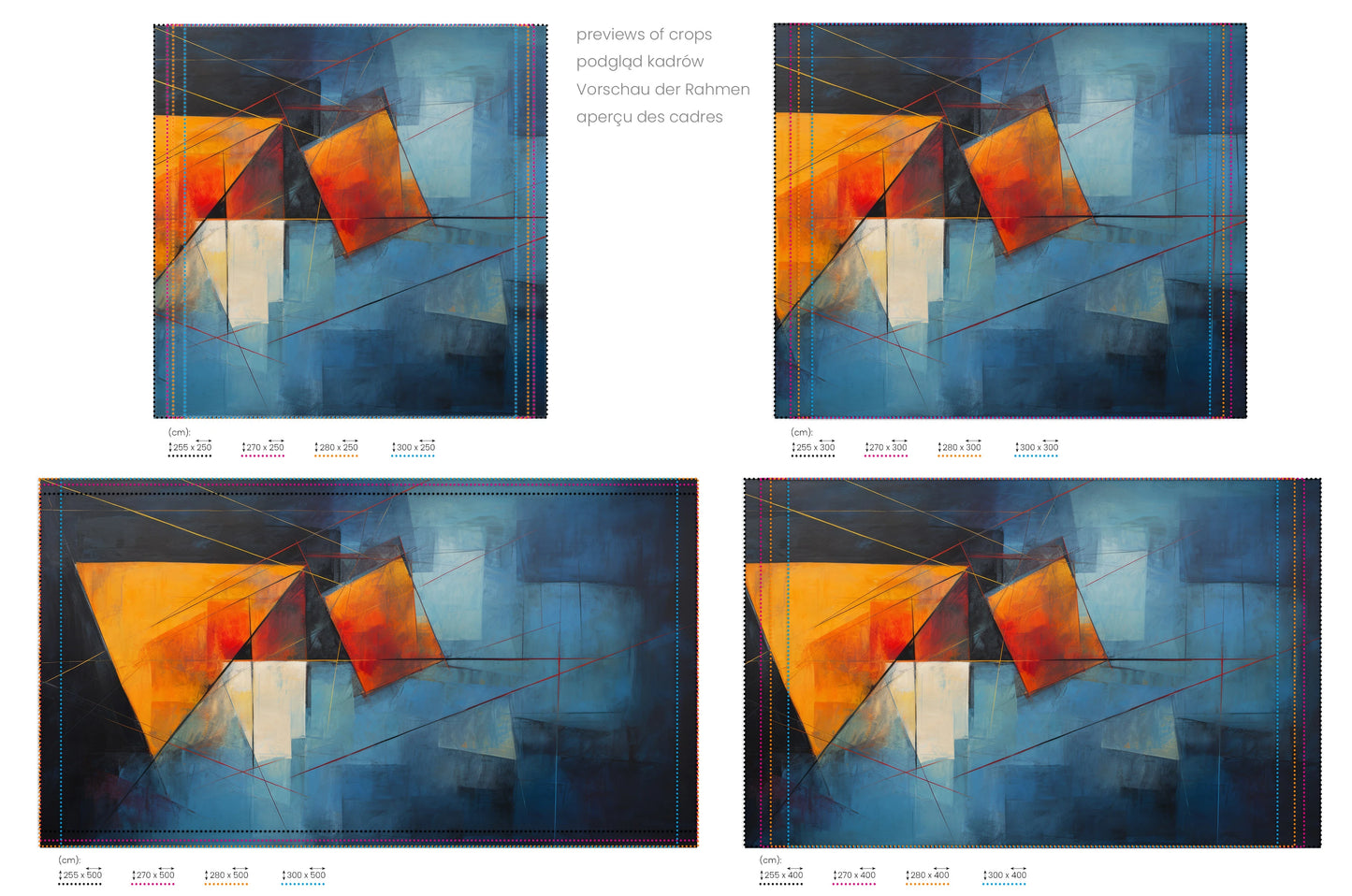 Na obrazie znajduje się prezentacja przykładowych rozmiarów fototapety o nazwie Sunset Geometry. Rozmiar fototapety jest dowolny.