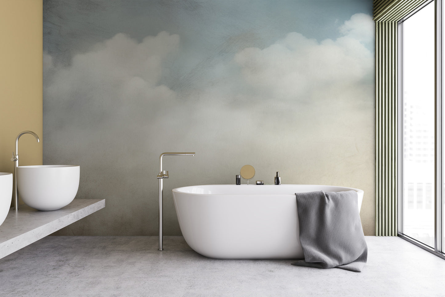 Wzór fototapety o nazwie SERENE CUMULUS VISTA pokazanej w kontekście pomieszczenia.