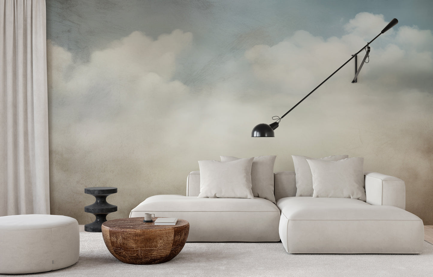 Wzór fototapety artystycznej o nazwie SERENE CUMULUS VISTA pokazanej w aranżacji wnętrza.