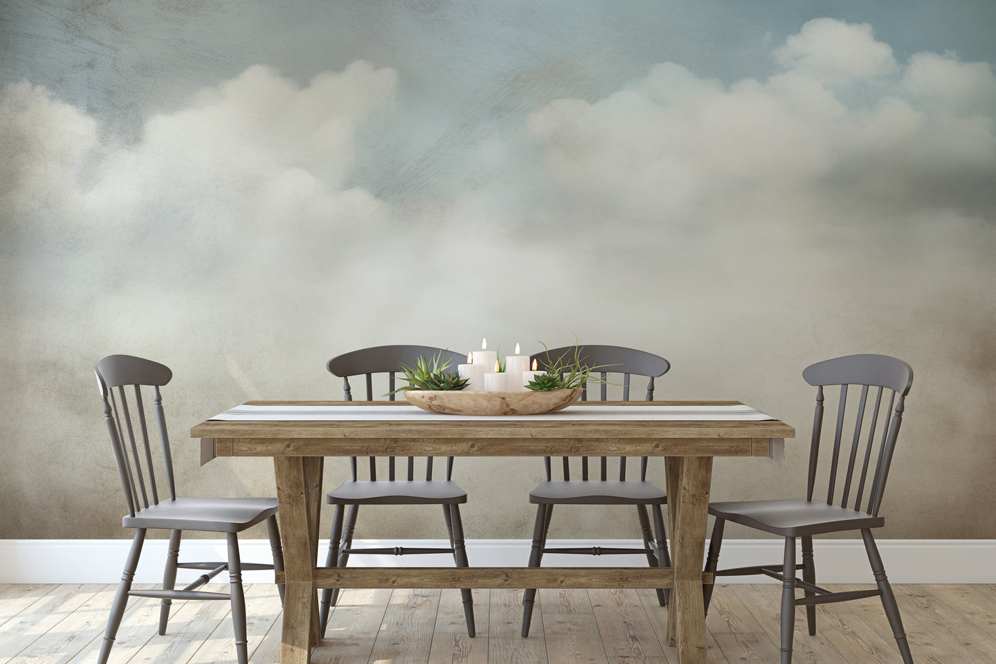 Wzór fototapety malowanej o nazwie SERENE CUMULUS VISTA pokazanej w aranżacji wnętrza.
