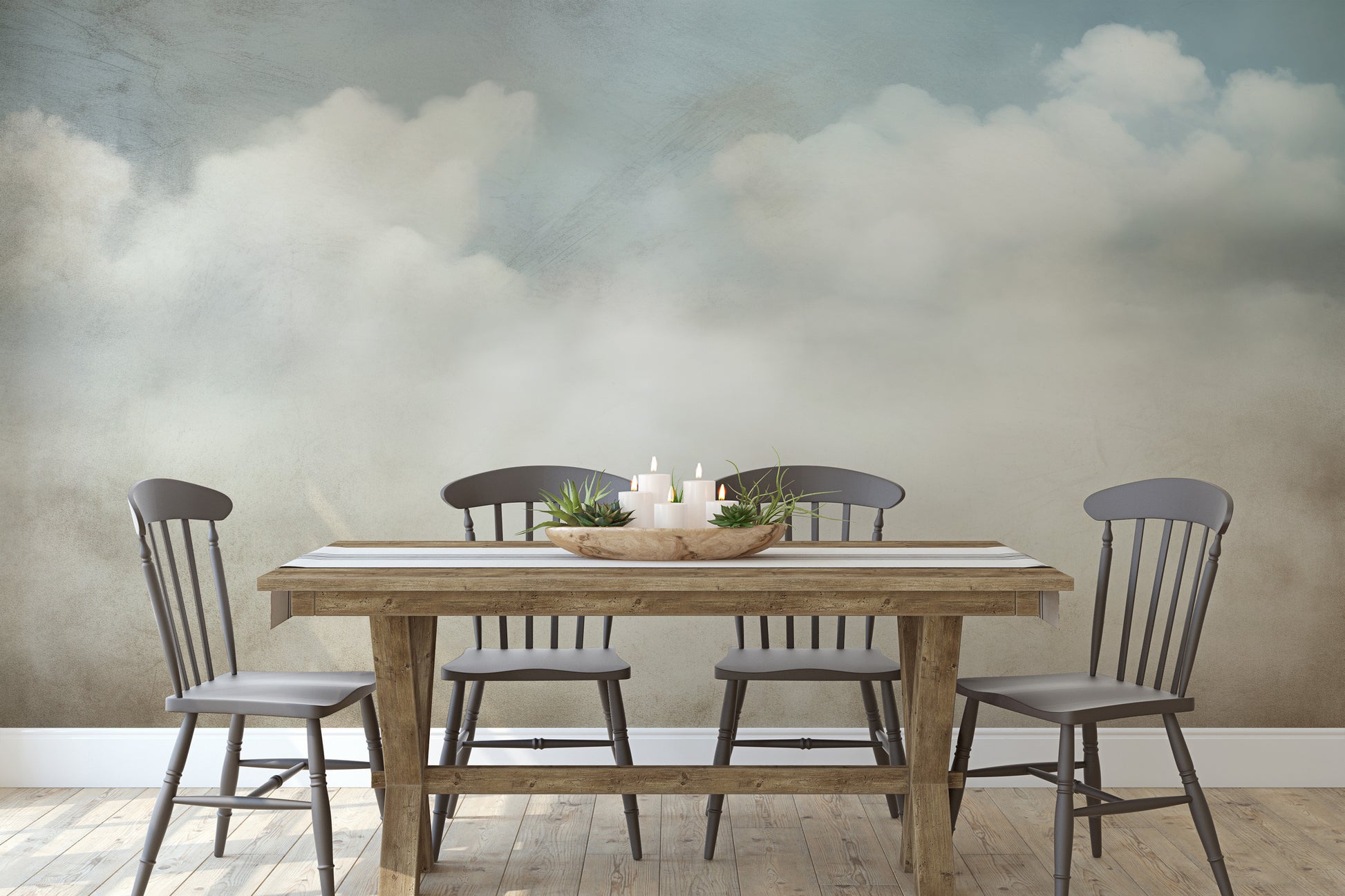 Wzór fototapety malowanej o nazwie SERENE CUMULUS VISTA pokazanej w aranżacji wnętrza.