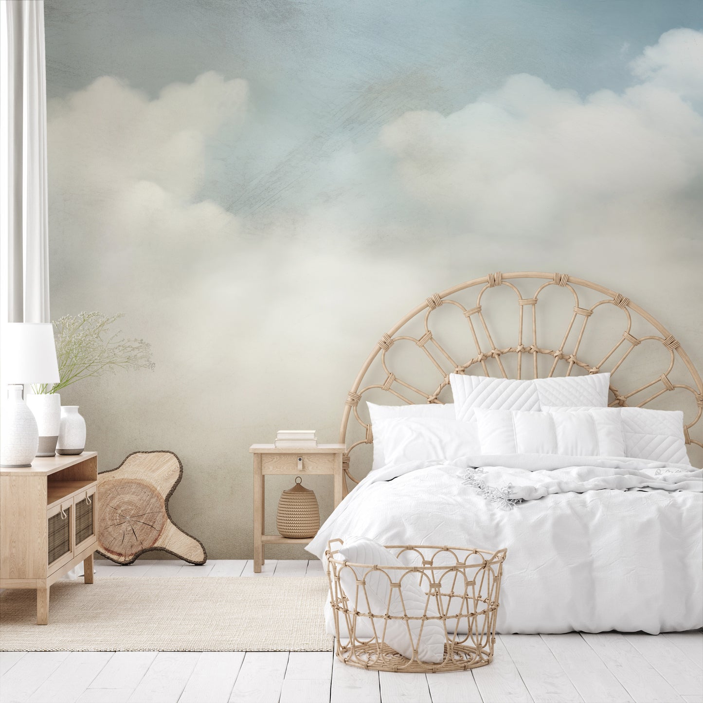 Zdjęcie prezentuje aranżację wnętrza z użyciem fototapety o nazwie SERENE CUMULUS VISTA pokazanej w aranżacji wnętrza.