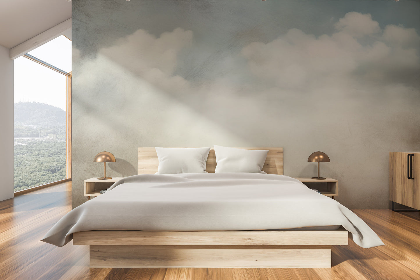 Wzór fototapety artystycznej o nazwie SERENE CUMULUS VISTA pokazanej w aranżacji wnętrza.