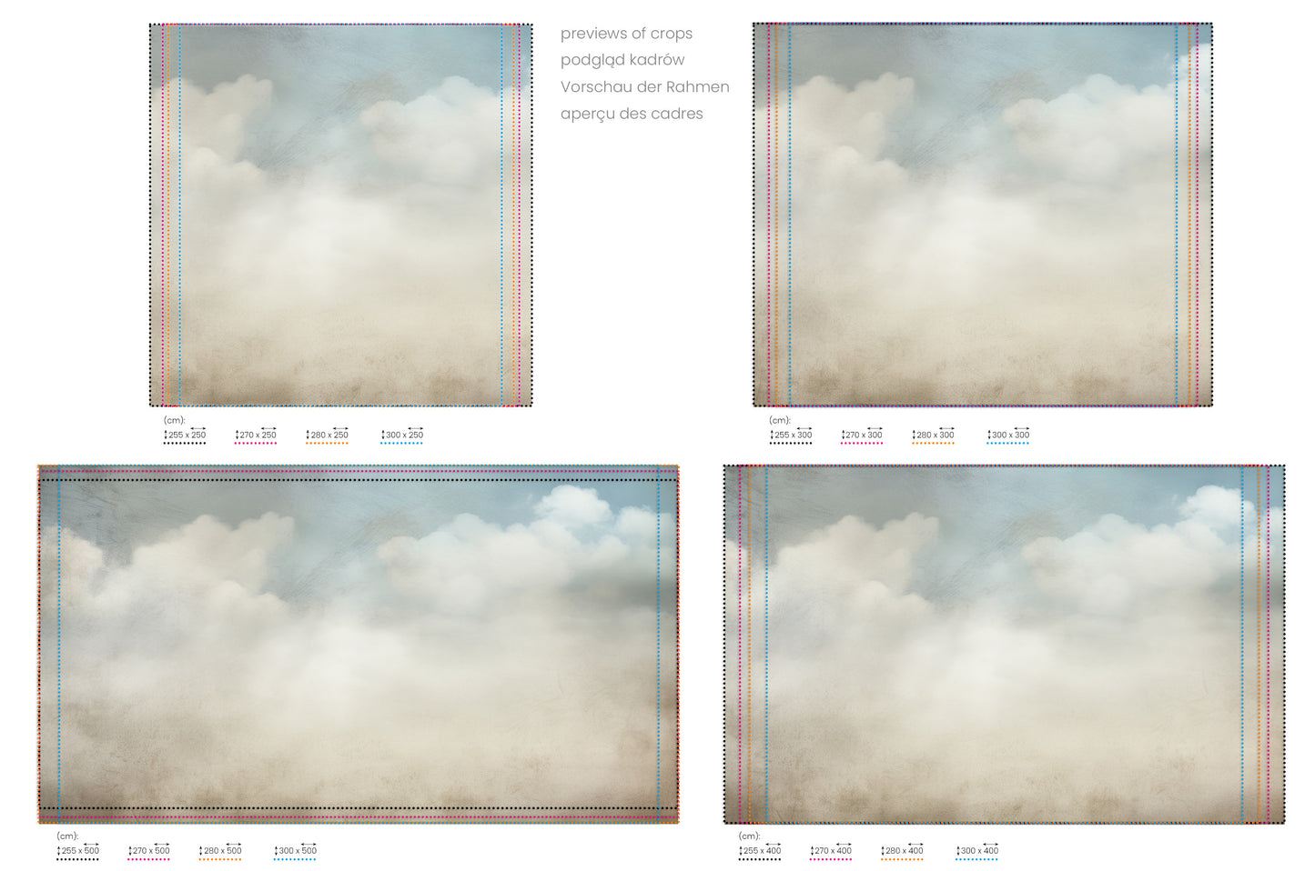 Na obrazie znajduje się prezentacja przykładowych rozmiarów fototapety o nazwie SERENE CUMULUS VISTA. Rozmiar fototapety jest dowolny.