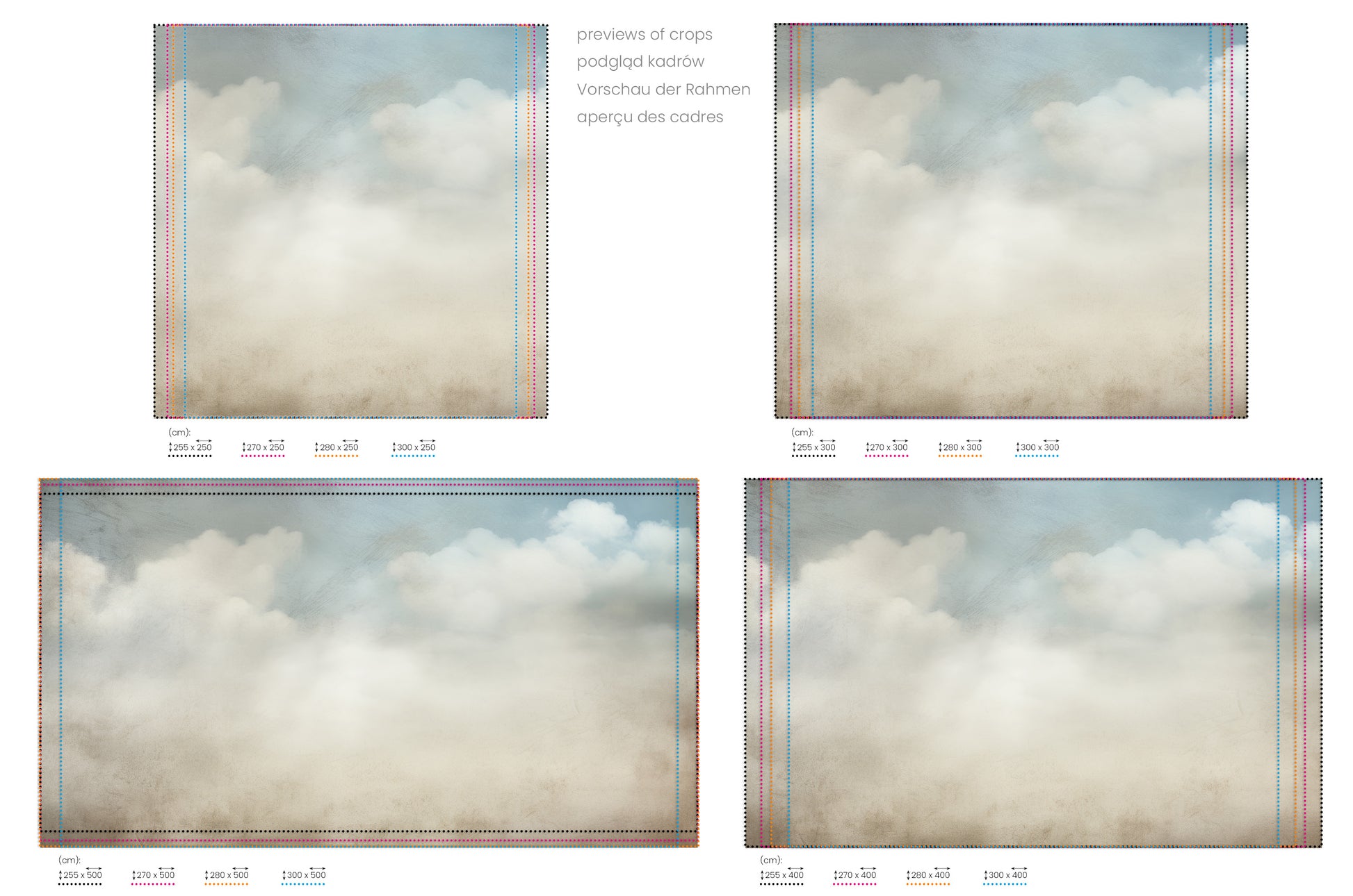 Na obrazie znajduje się prezentacja przykładowych rozmiarów fototapety o nazwie SERENE CUMULUS VISTA. Rozmiar fototapety jest dowolny.