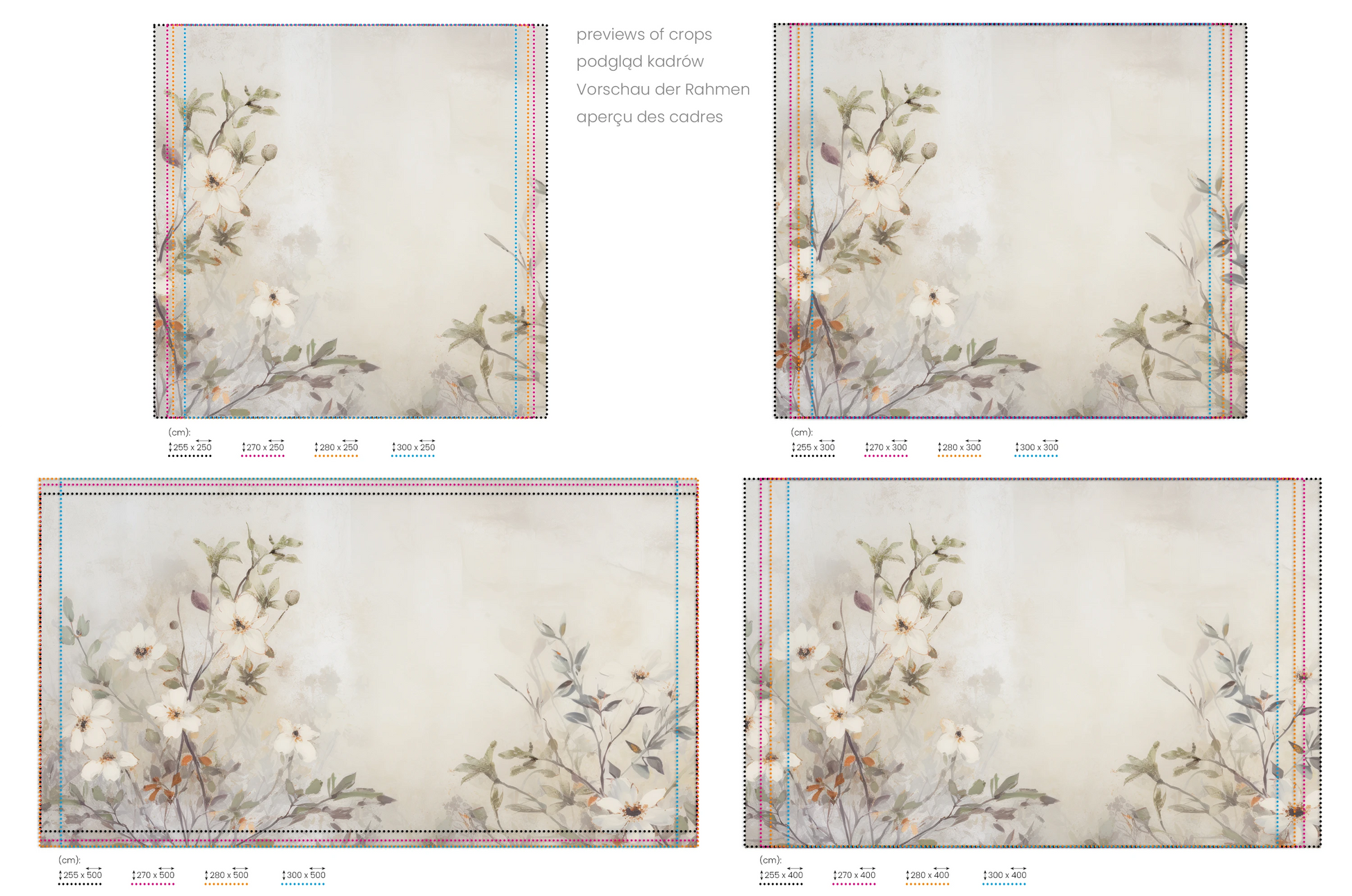 Na obrazie znajduje się prezentacja przykładowych rozmiarów fototapety o nazwie TranquilGreens. Rozmiar fototapety jest dowolny.