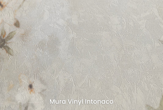 Zbliżenie na artystyczną fototapetę o nazwie TranquilGreens na podłożu Mura Vinyl Intonaco - struktura tartego tynku.