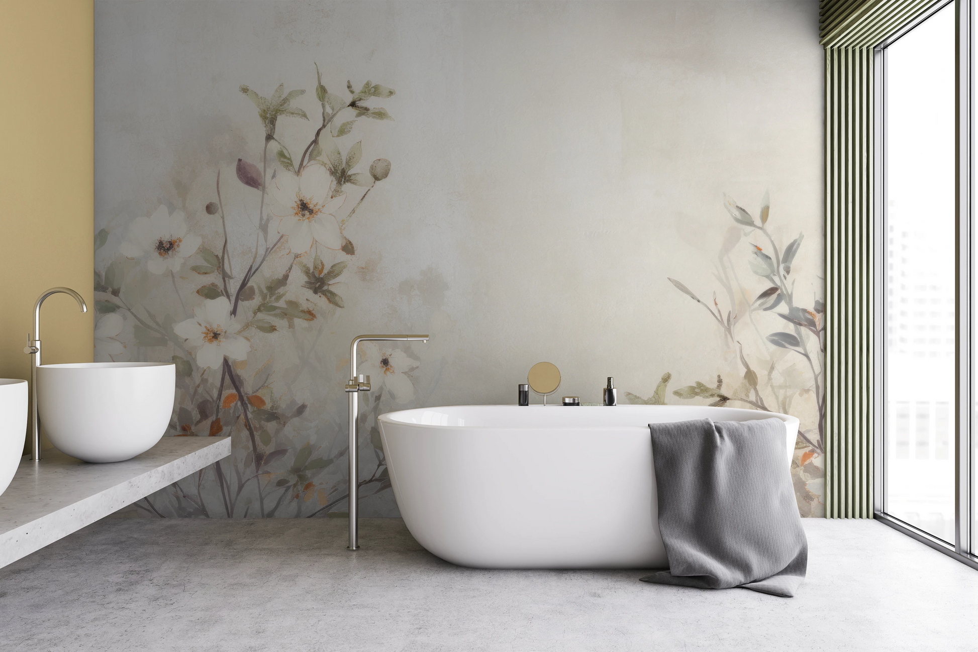 Wzór fototapety o nazwie TranquilGreens pokazanej w kontekście pomieszczenia.