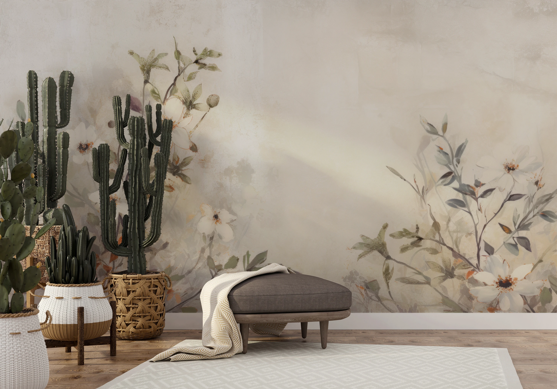 Fototapeta artystyczna o nazwie TranquilGreens pokazana w aranżacji wnętrza.